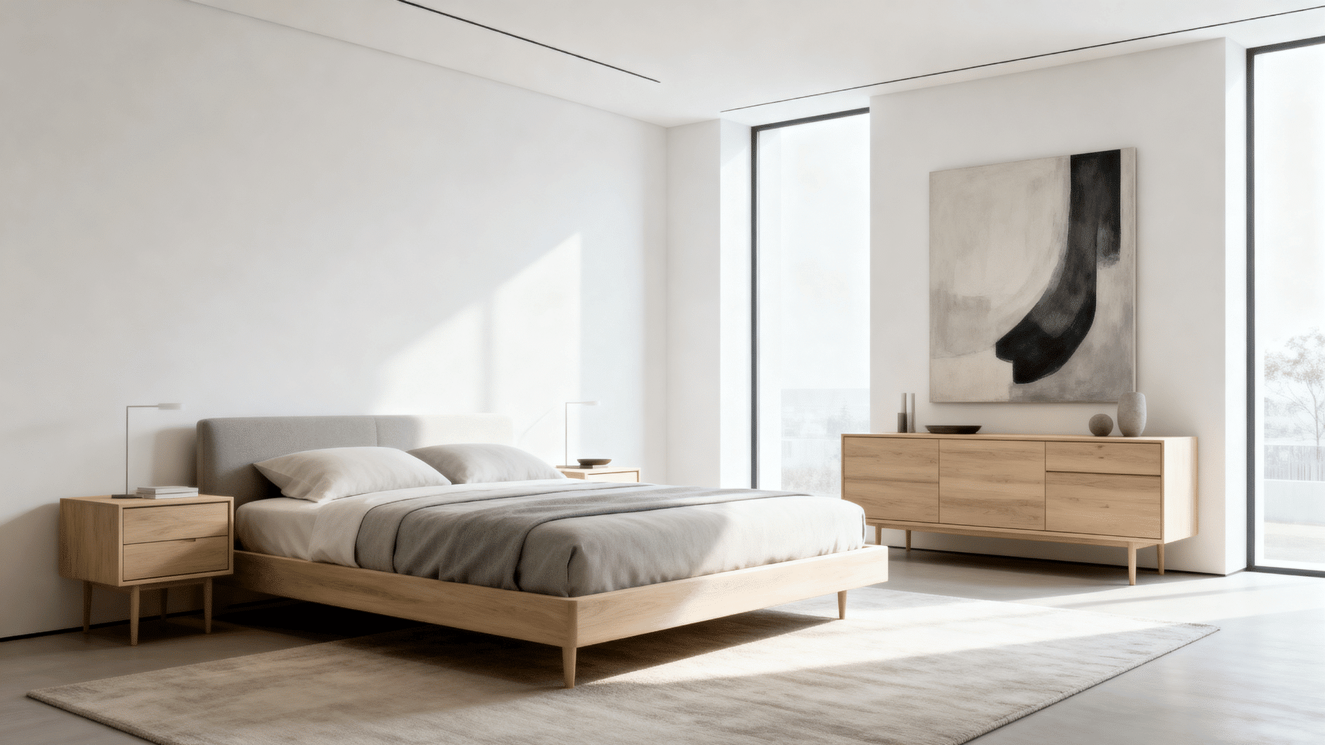 minimal bedroom neutral tones abstract art wood furniture soft lighting and clean modern interior full room view