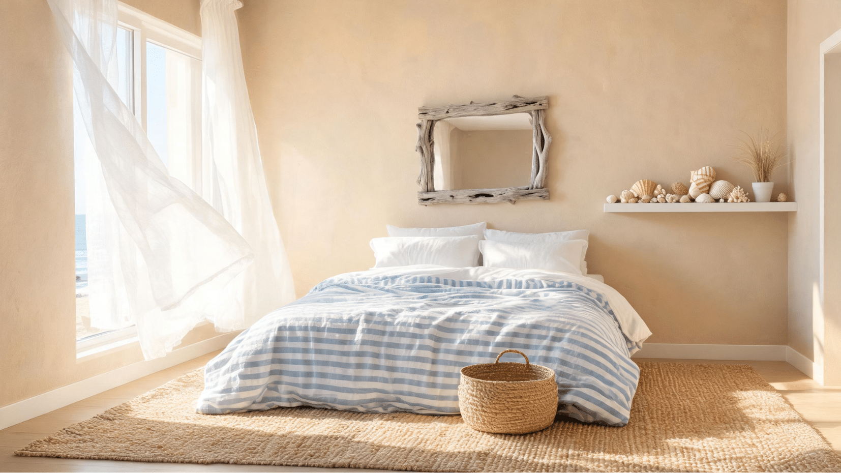 minimalist bedroom with white and blue striped bedding and natural light