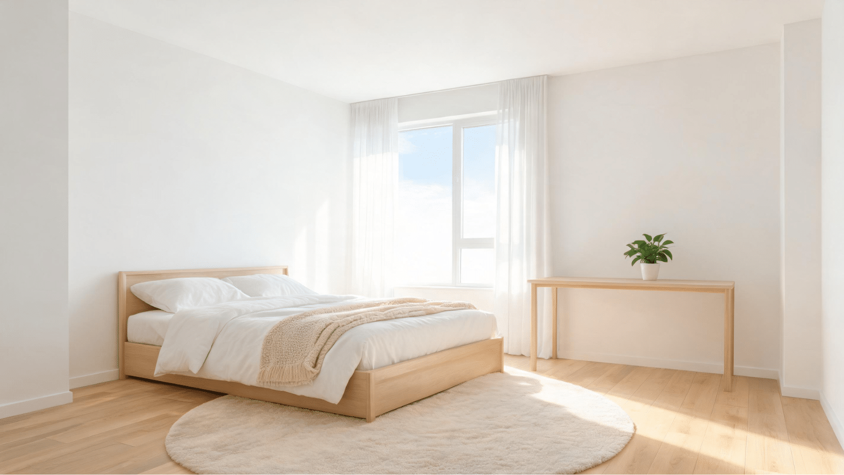 minimalist bedroom with white walls light bedding and window