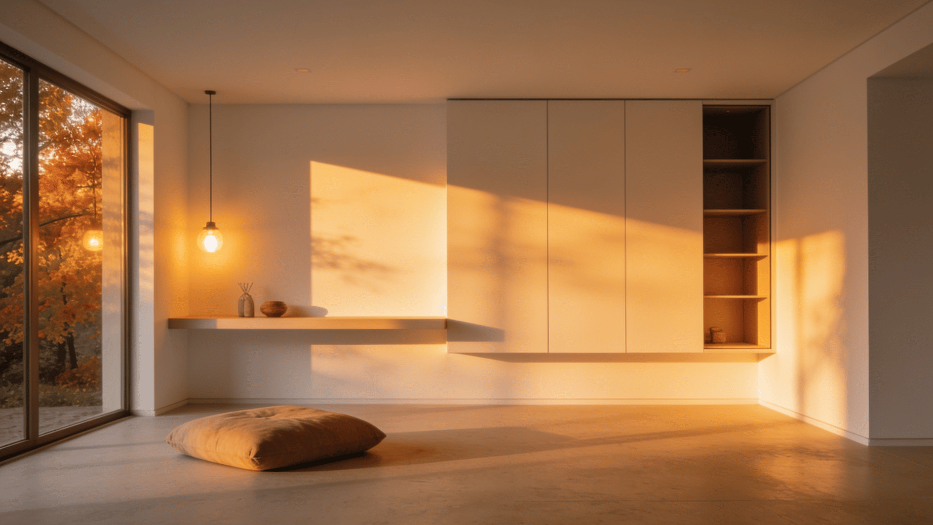 minimalist living room with simple furniture white walls soft lighting and calm clutter free design
