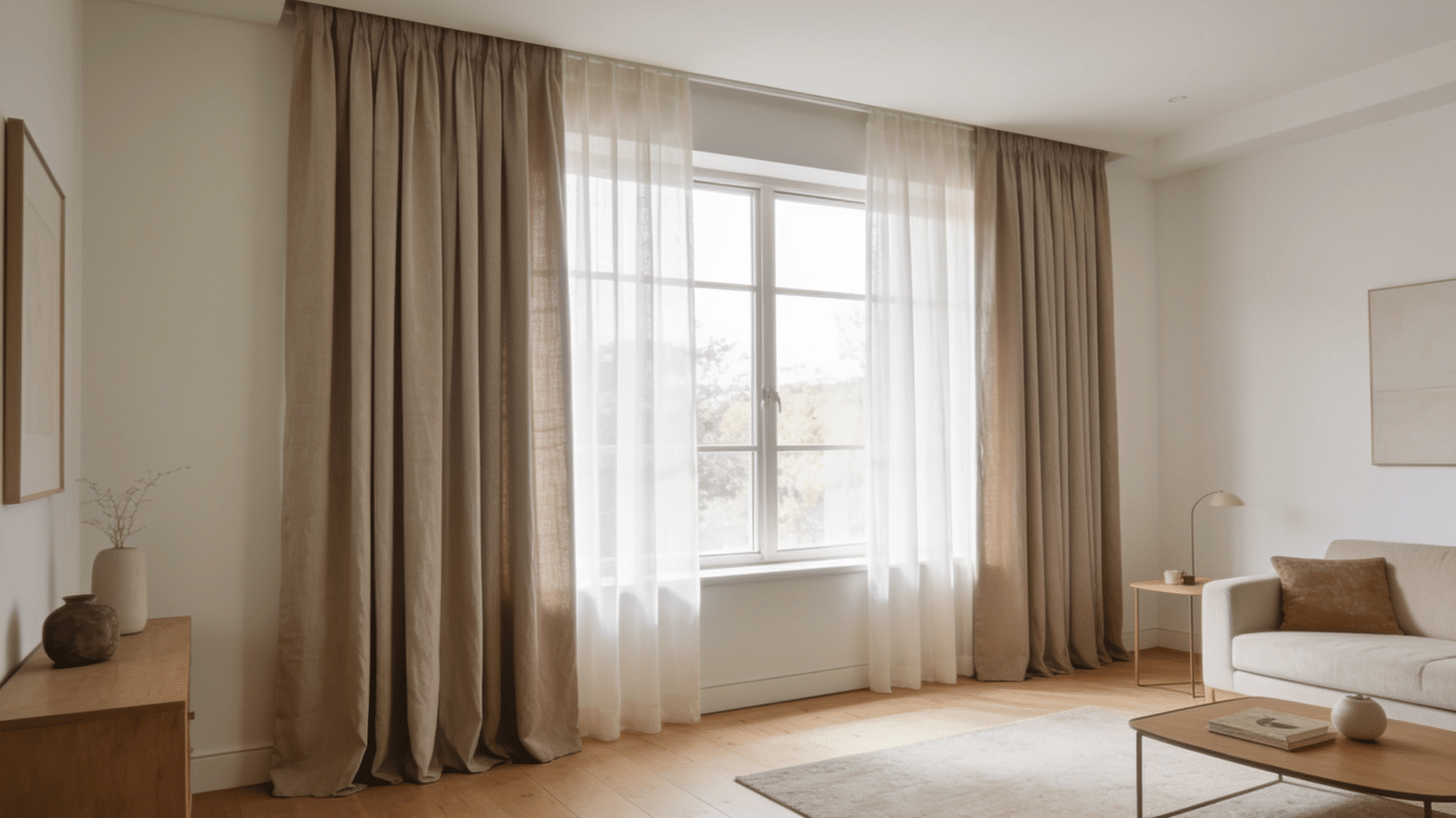 minimalist living room with taupe drapes and sheer curtains framing a window, light wood floors and white sofa.