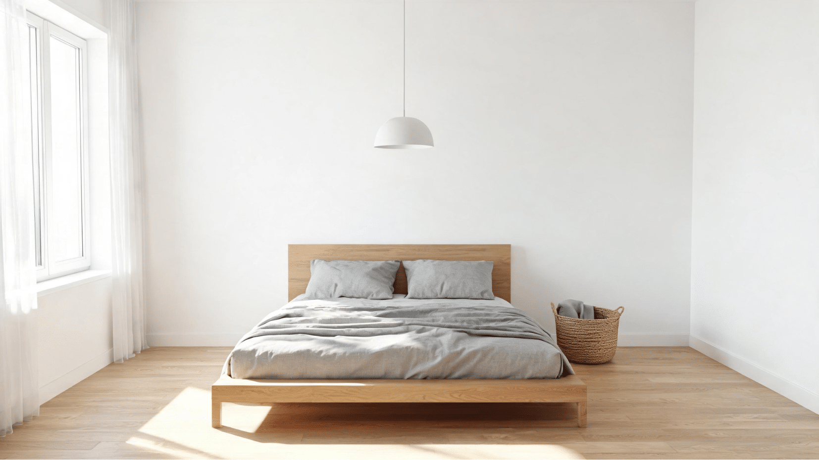 minimalist white and wood bedroom with natural light