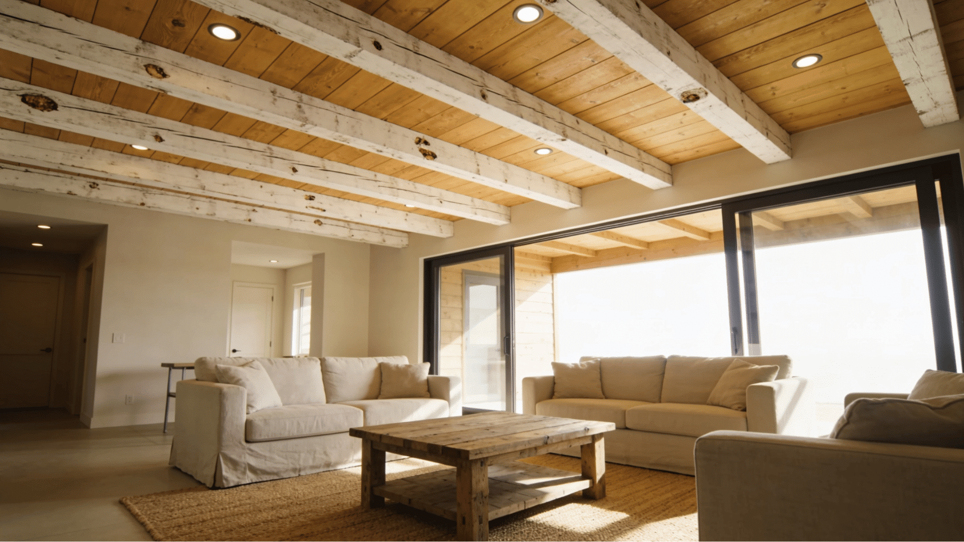 mixed wood ceiling with whitewashed beams and natural planks in a modern farmhouse open concept living area with daylight