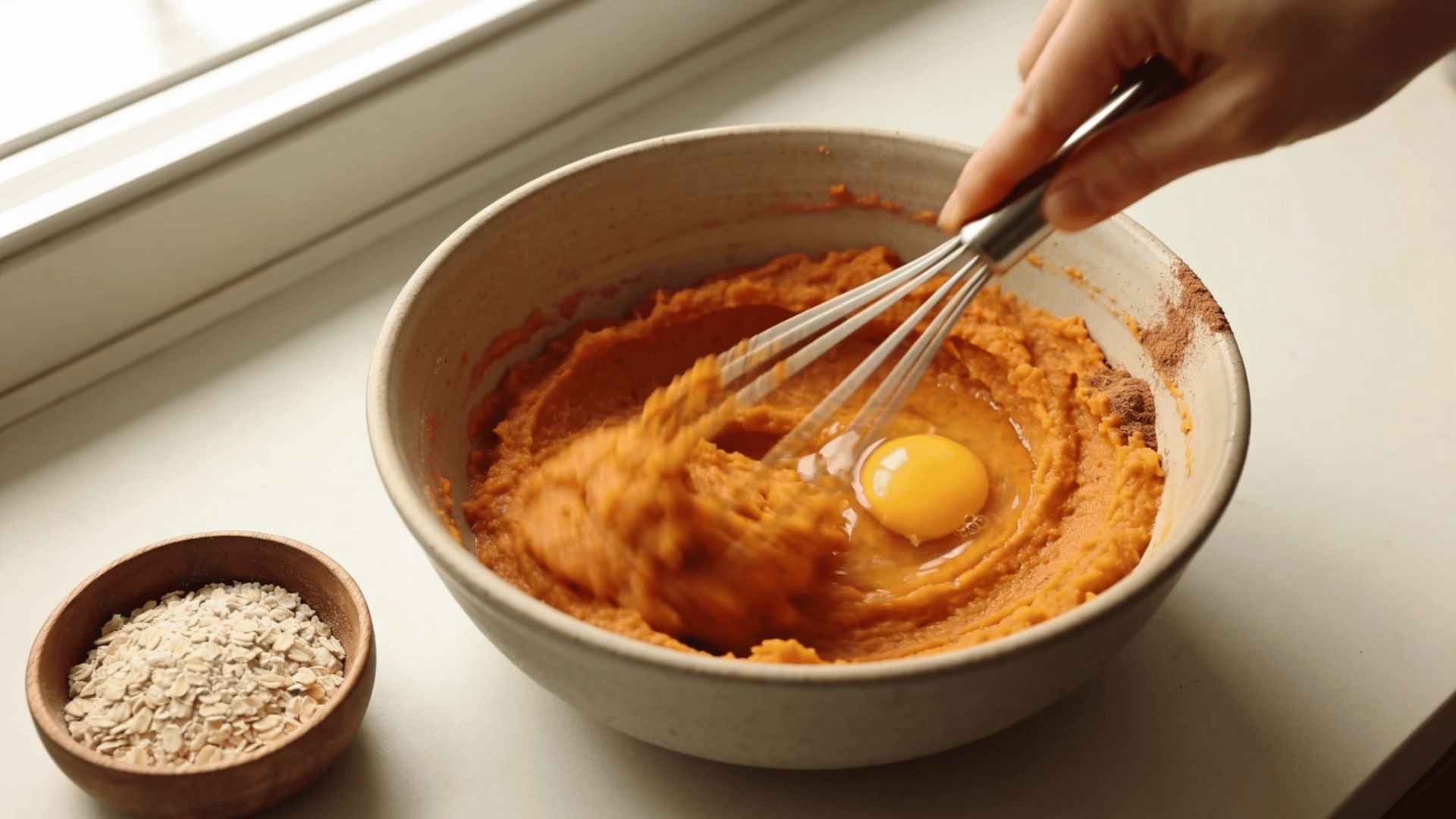 mixing mashed sweet potato with egg and oat flour to prepare baby pancake batter