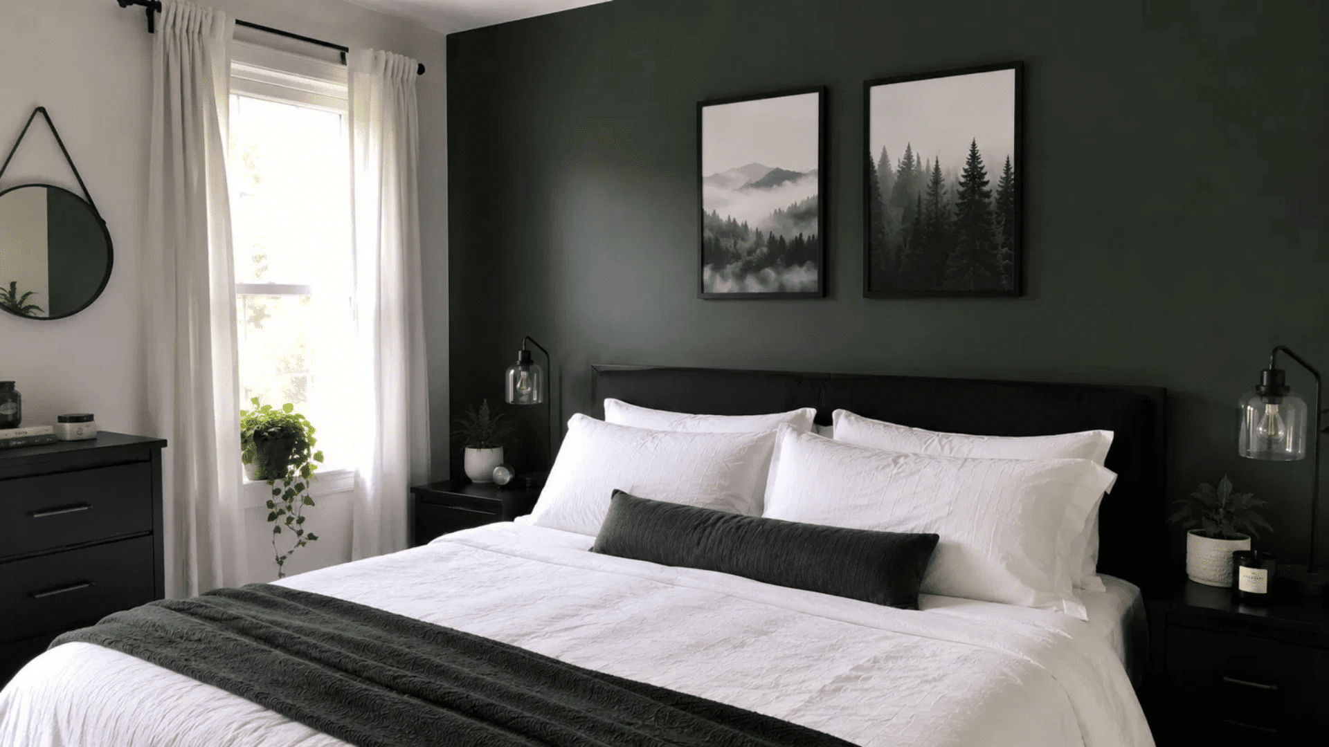 modern bedroom with a bold dark green accent wall, white bedding and black furniture in cool natural light