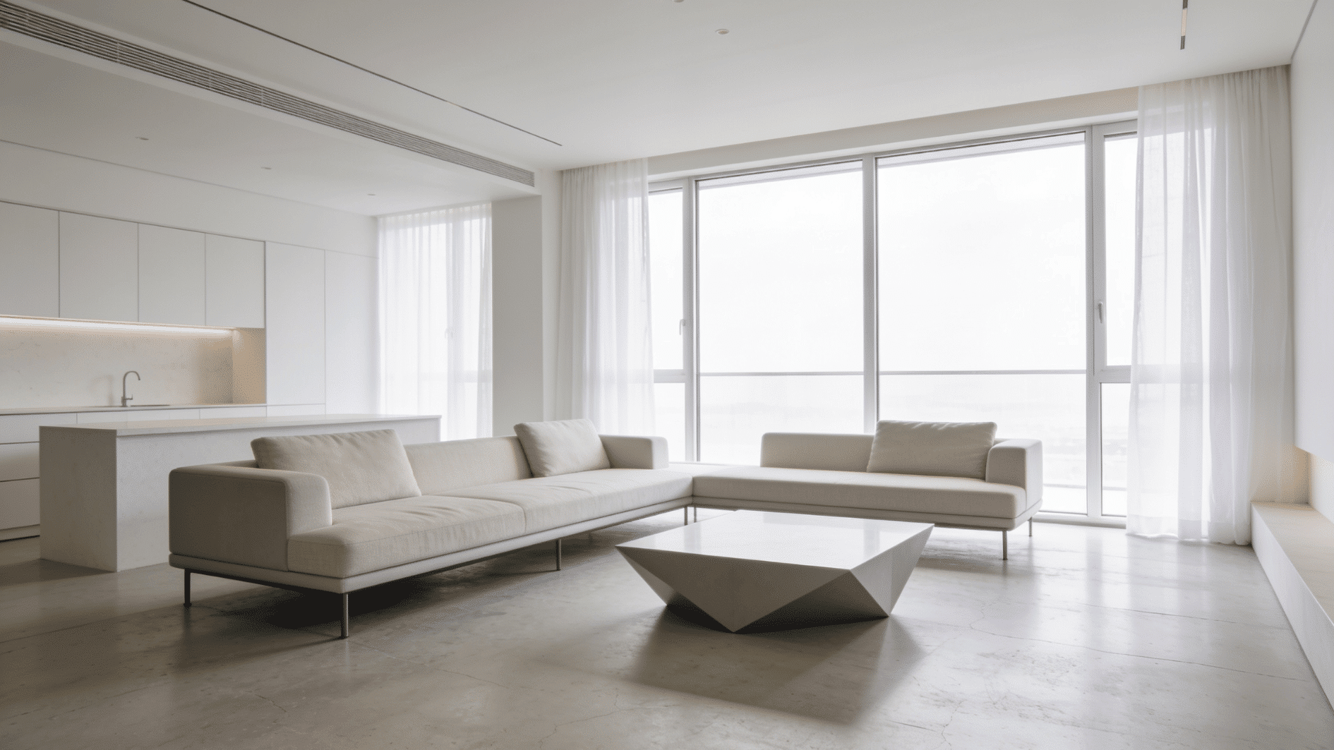 modern living room with clean lines open layout neutral palette and large windows with natural light