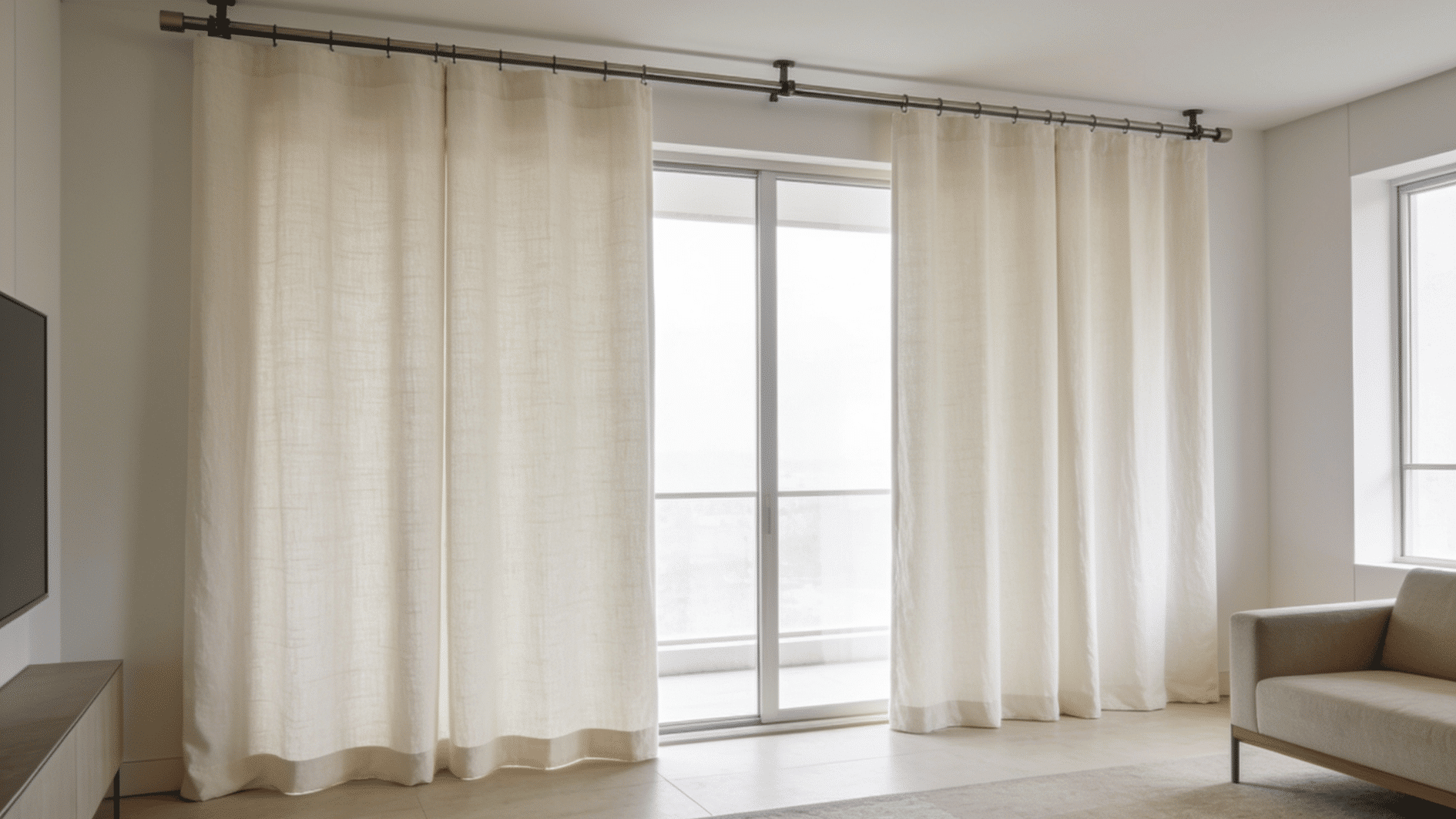modern living room with cream ring-top curtain panels framing a sunlit balcony door, sofa and TV nearby.