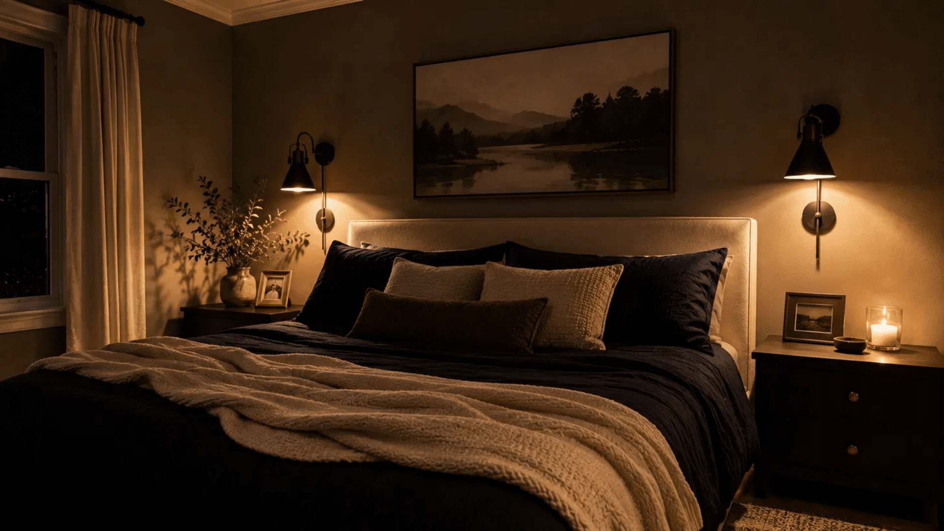 moody bedroom with two black wall sconces casting warm light on navy bedding and dark walls at night