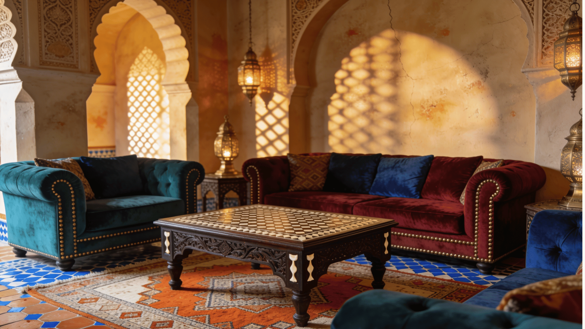 moroccan living room with carved wood lantern lighting intricate tile patterns and rich luxury patterned textures