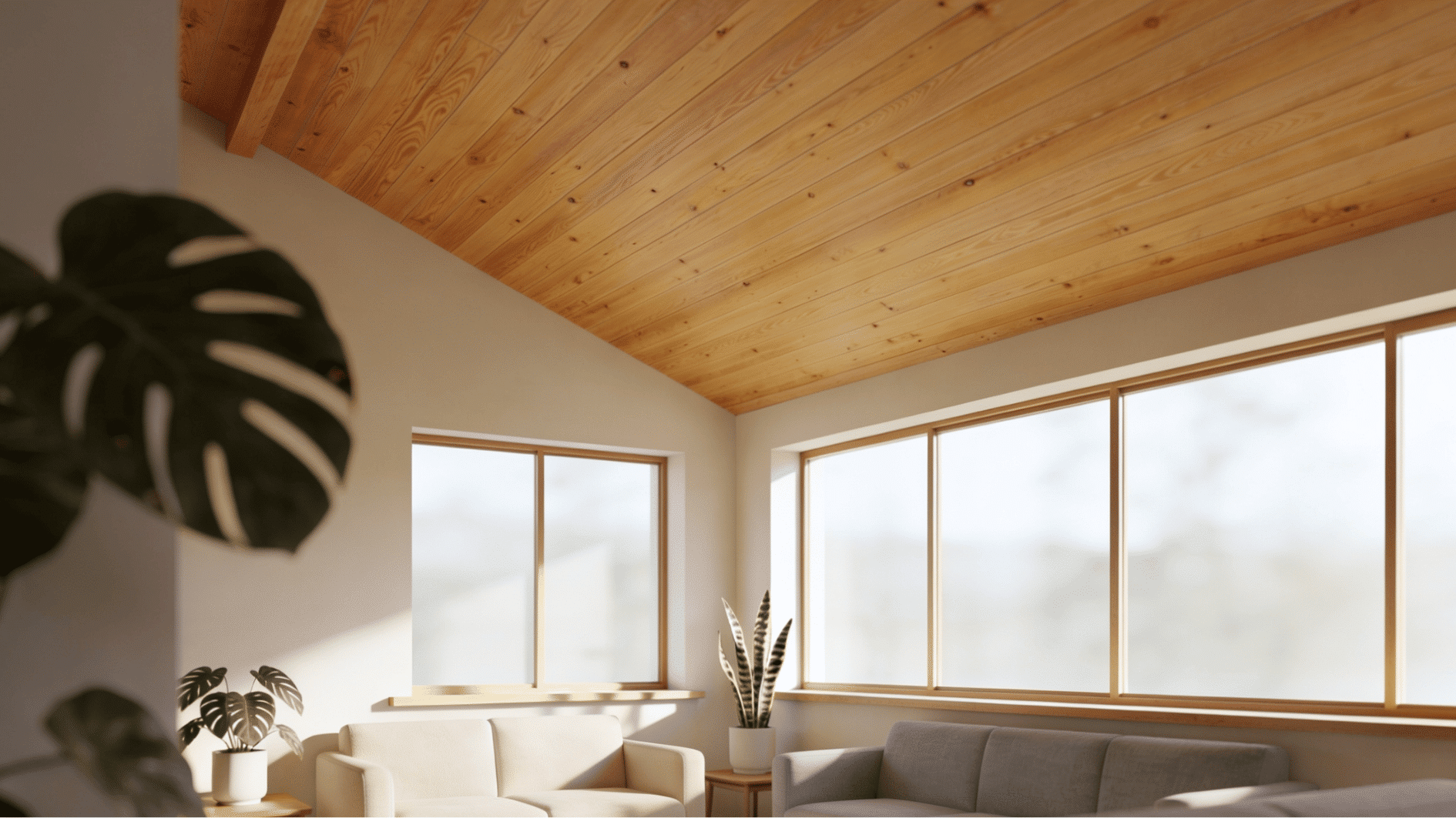 natural oak wood ceiling with honey toned planks in a warm minimalist living room with soft natural daylight