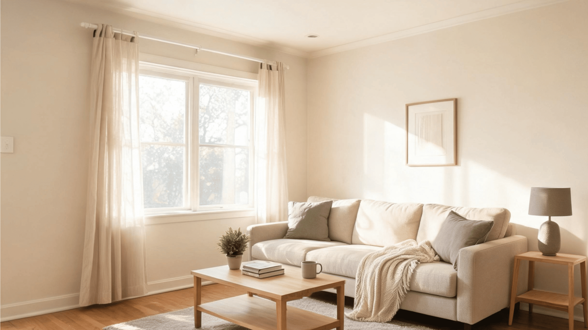 neutral transitional living room with beige sofa and calm layered decor in american home