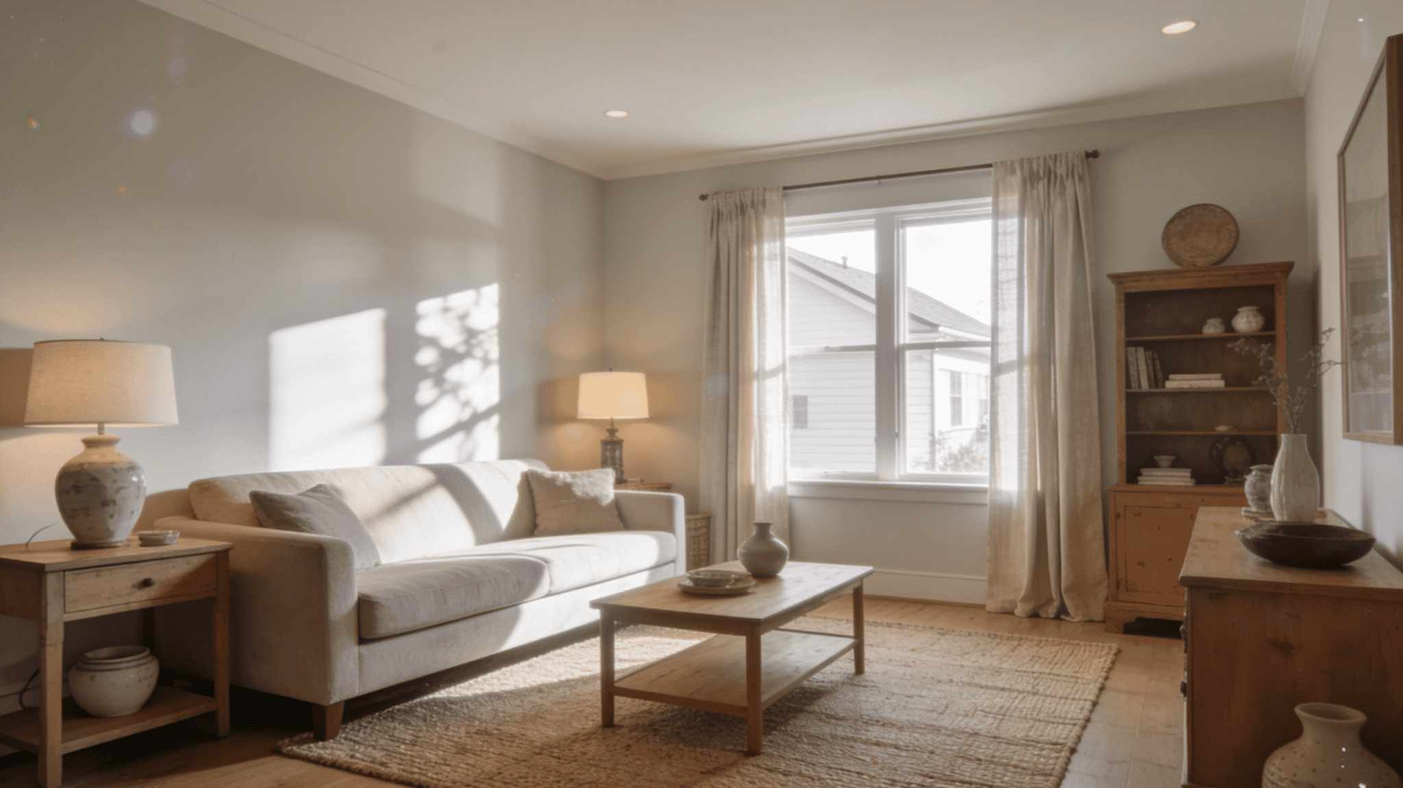 neutral transitional living room with beige sofa wooden furniture and soft natural light