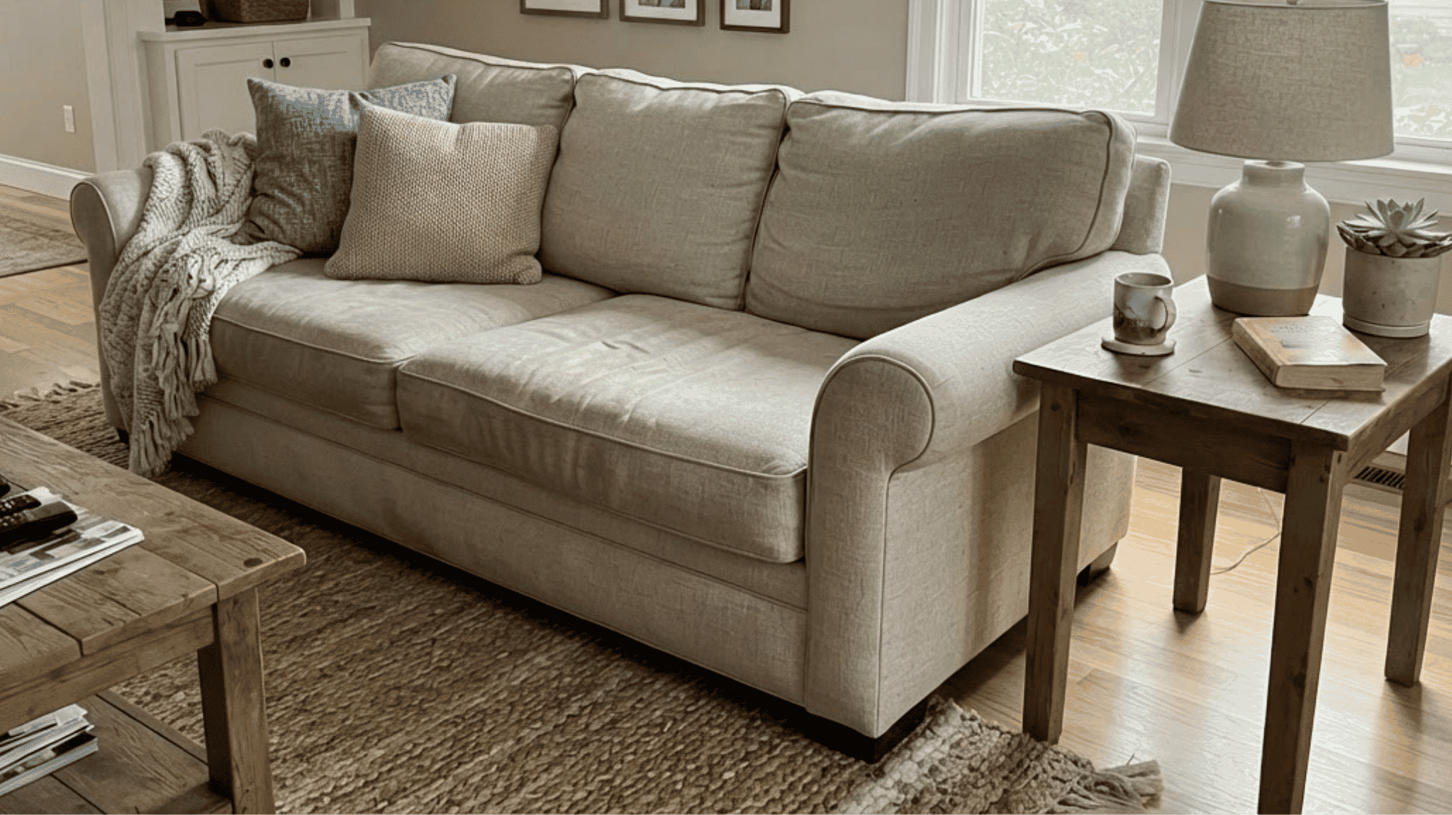 neutral transitional sofa with slightly rolled arms in american living room