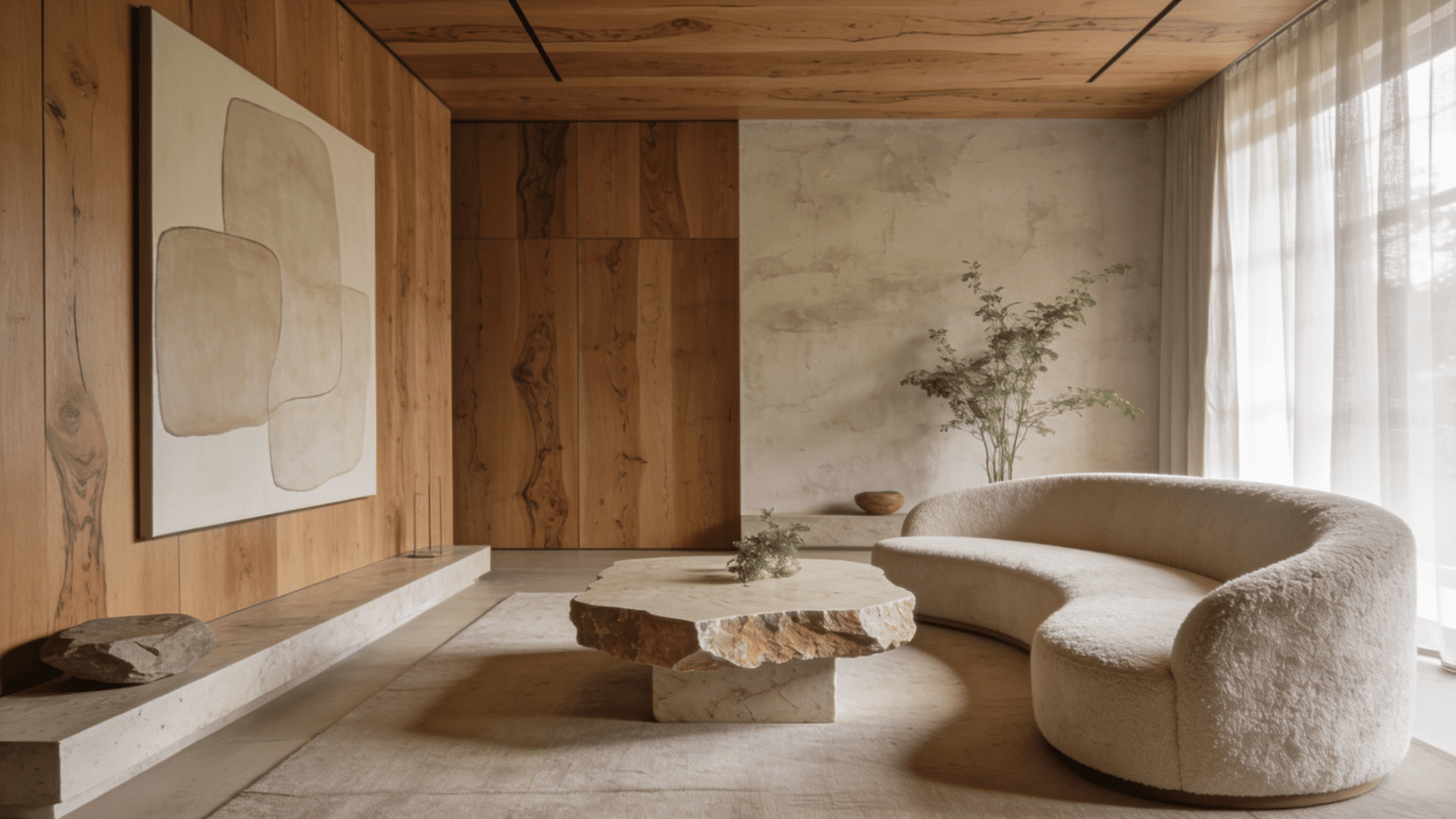 organic modern living room with curved furniture natural stone wood textures and soft neutral minimalist design