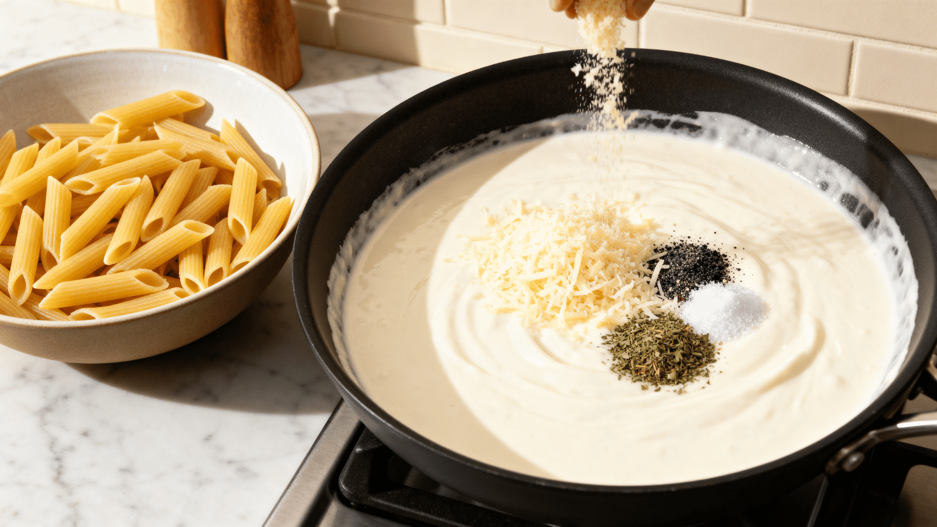 parmesan and seasoning added to smooth white sauce with cooked penne pasta beside the pan