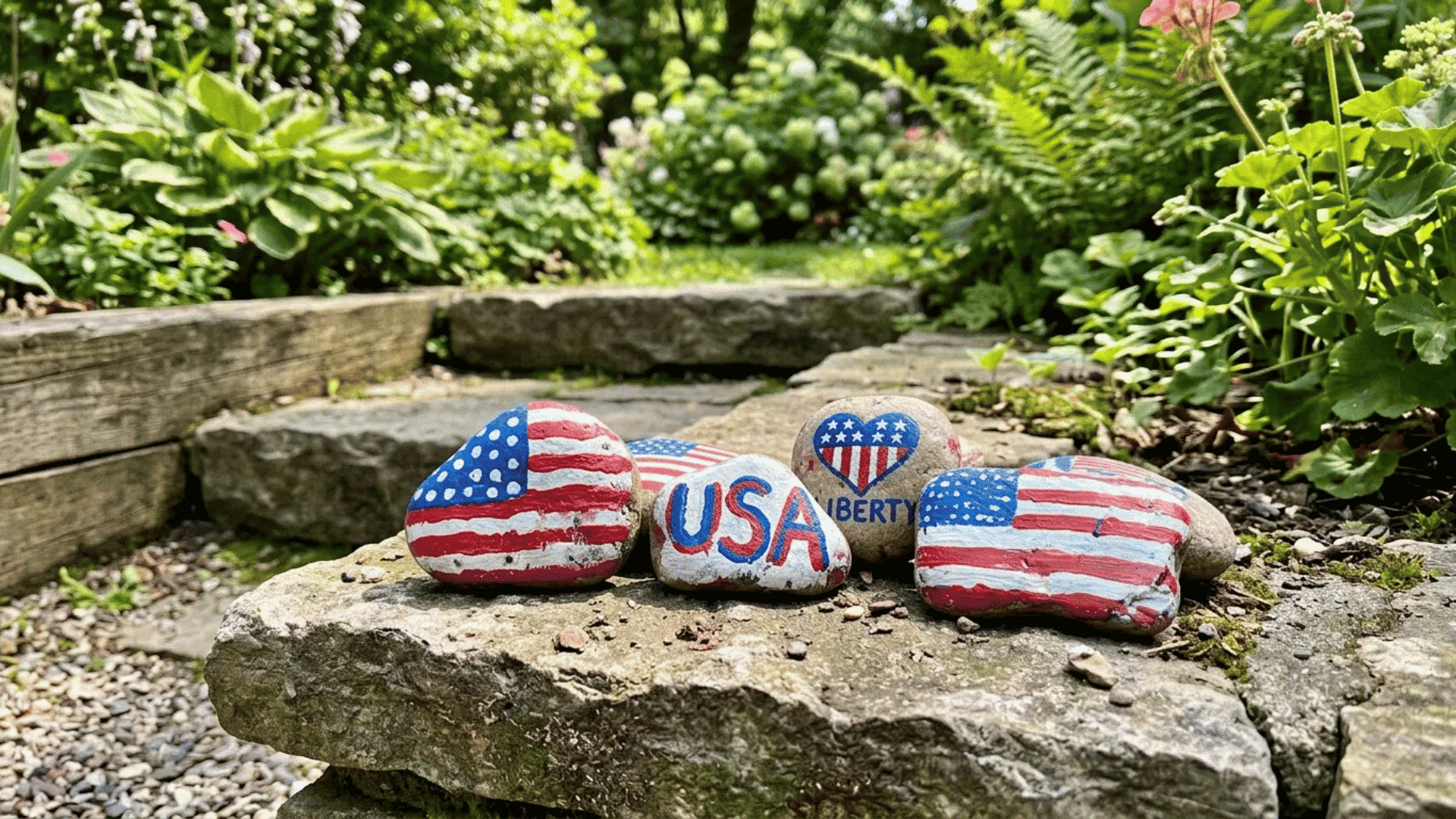 patriotic painted rocks with flags and usa text on a garden stone step