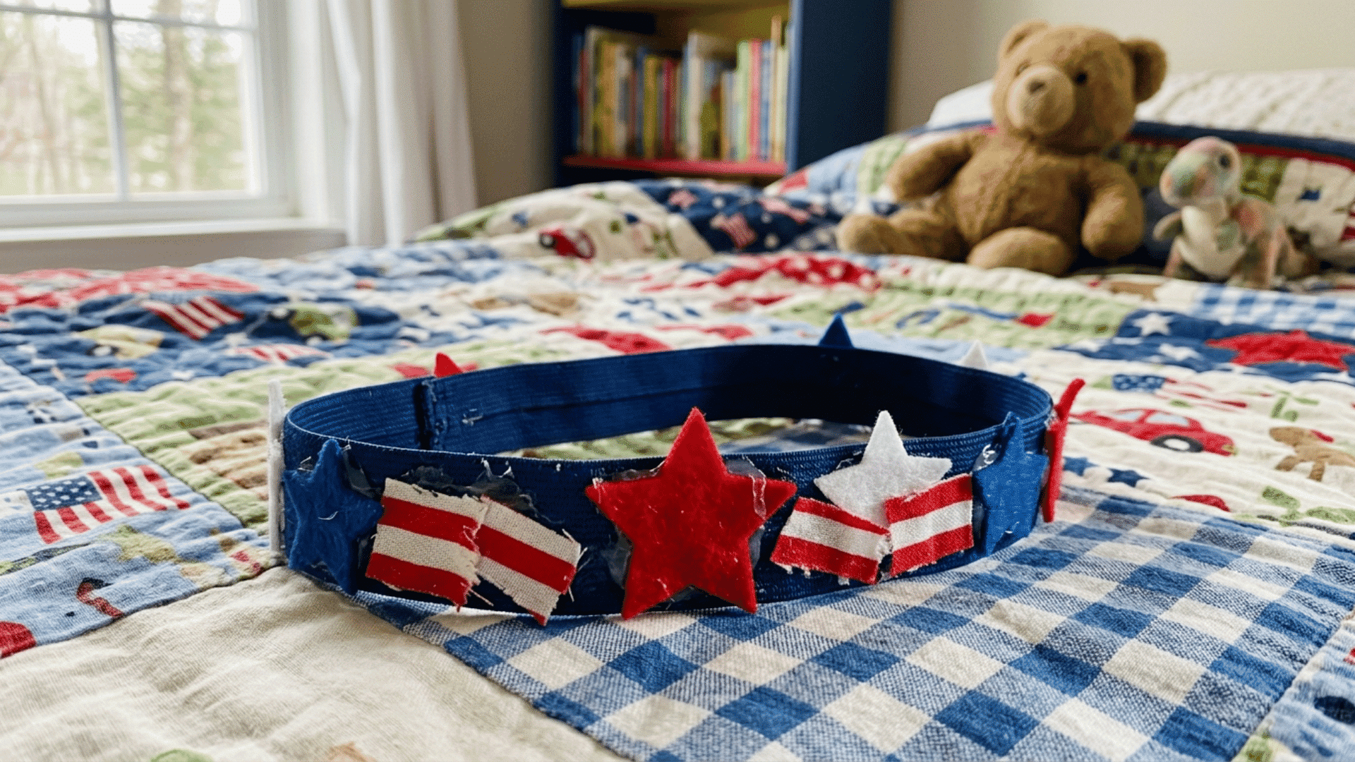 patriotic star and stripe headband resting on a child's bed with a teddy bear