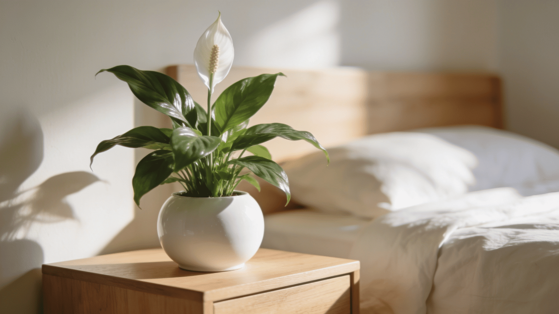peace lily in a white pot on a wooden bedside table beside a bed in a bright, cozy bedroom