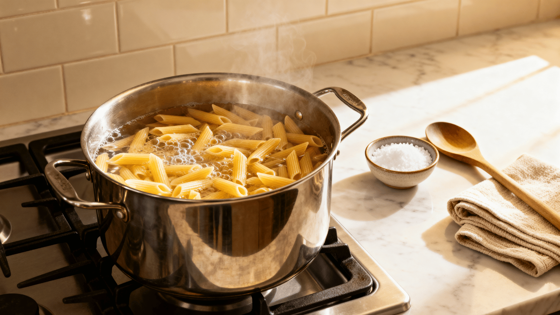 penne pasta boiling in salted water with steam rising in a cozy kitchen before making creamy white sauce pasta