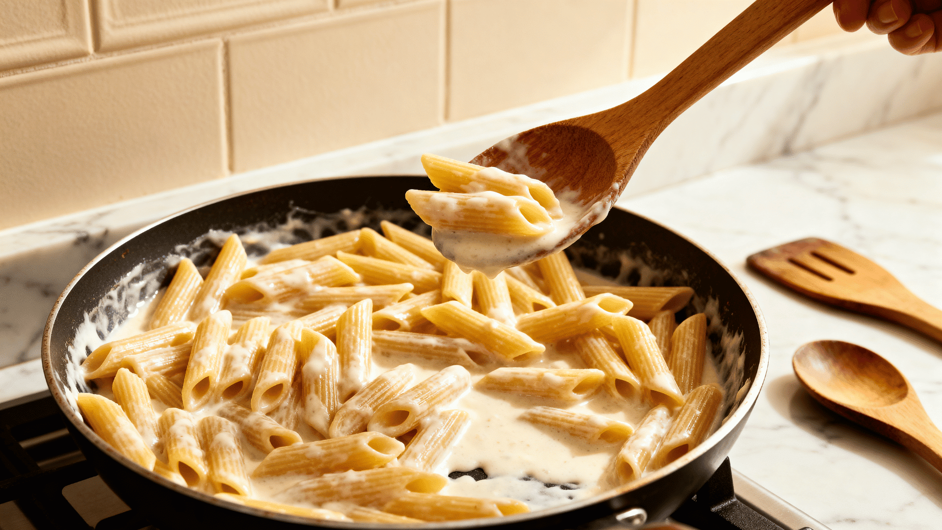 penne pasta tossed in creamy white sauce in a wide pan inside a warm cozy home kitchen setting