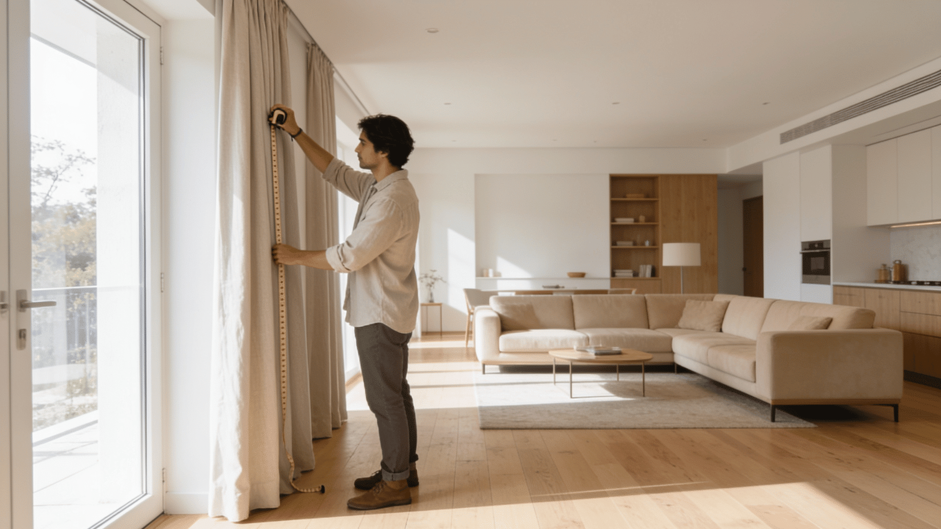 person measuring curtain length with a tape measure beside floor-length curtains in a modern living room