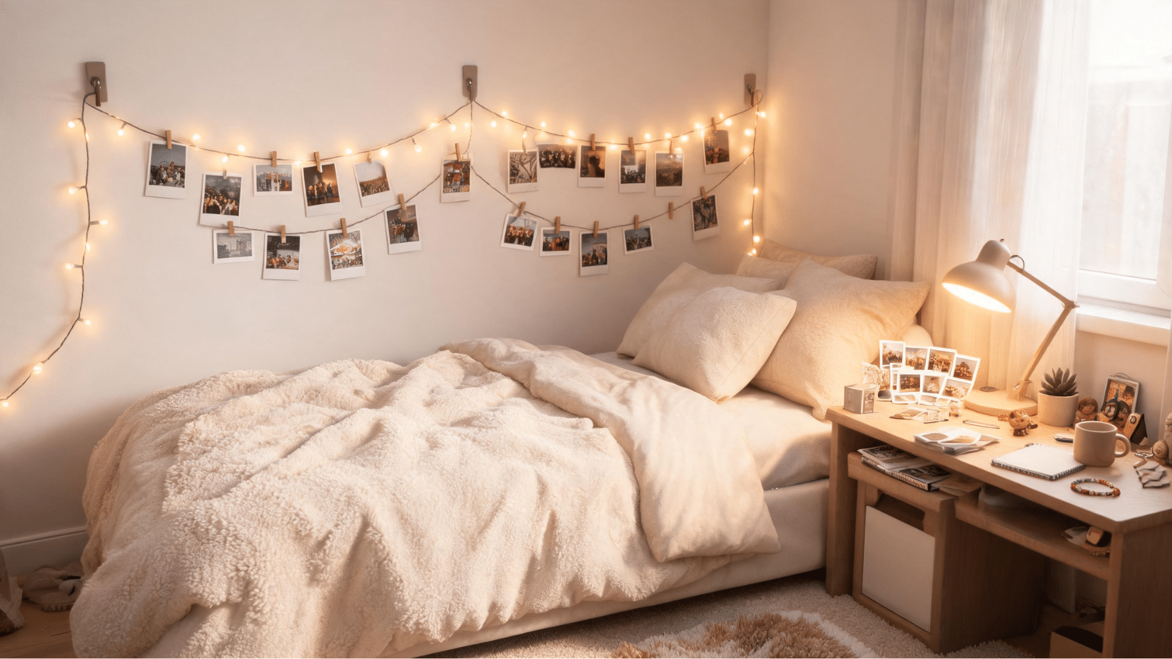 personalized photo display with string lights above bed