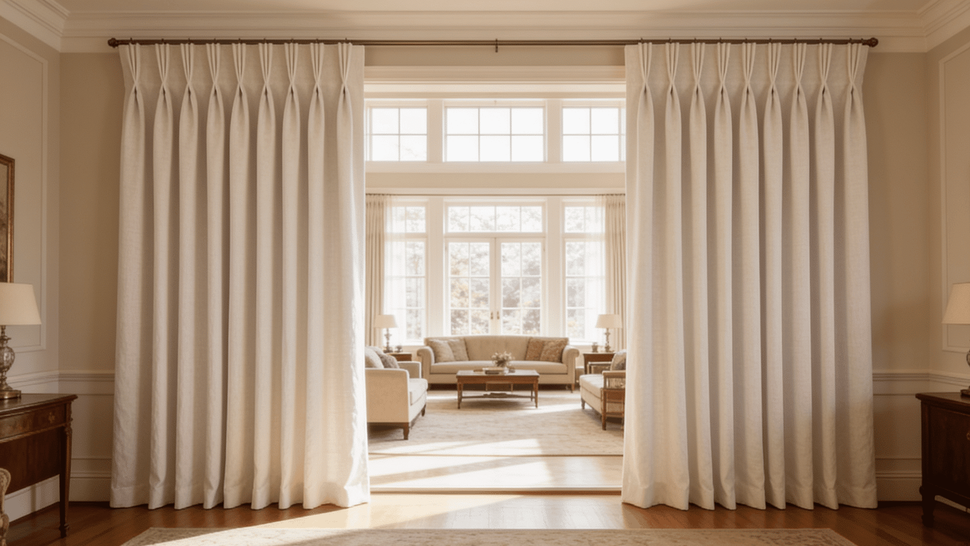 pinch-pleat ivory curtains framing a sunlit doorway into an elegant living room with sofas and tall windows.