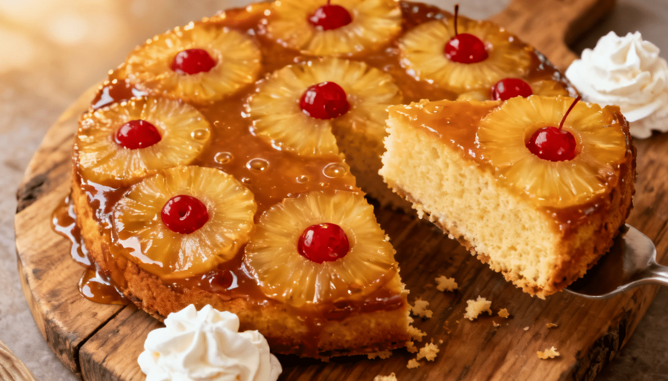 pineapple upside-down cake topped with pineapple rings and cherries, served on a wooden board with a sliced piece lifted for serving