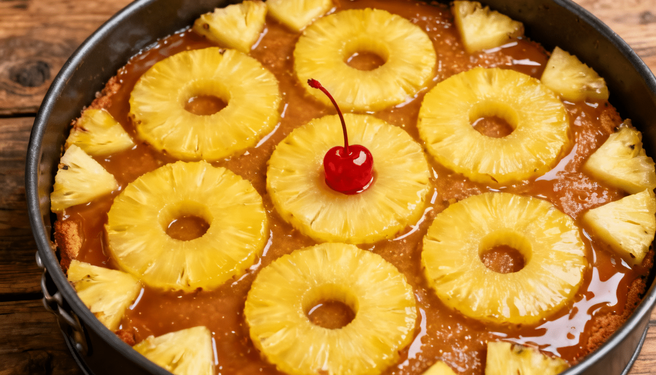pineapple upside-down cake topping with pineapple rings, cherry, and caramel glaze in a round cake pan