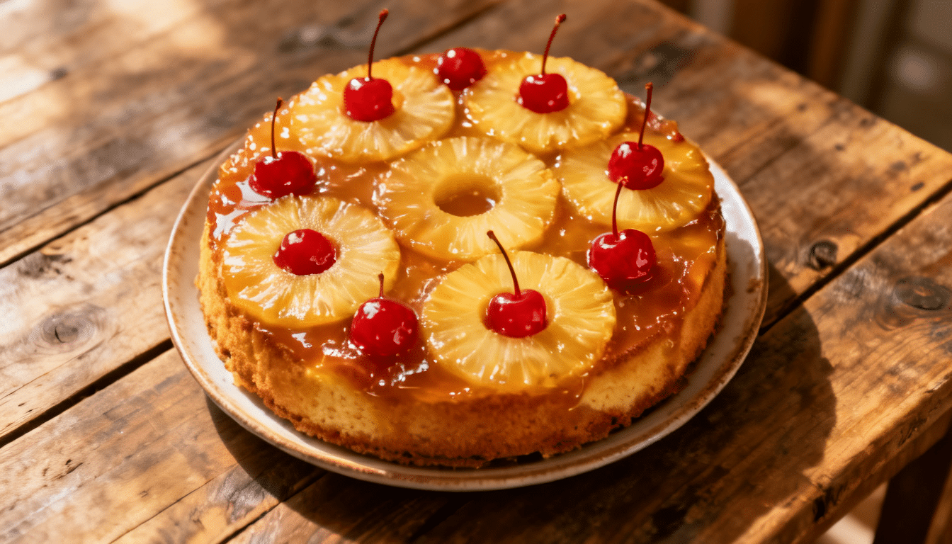 pineapple upside-down cake with caramelized topping, pineapple rings, and cherries served on a plate over a rustic wooden table