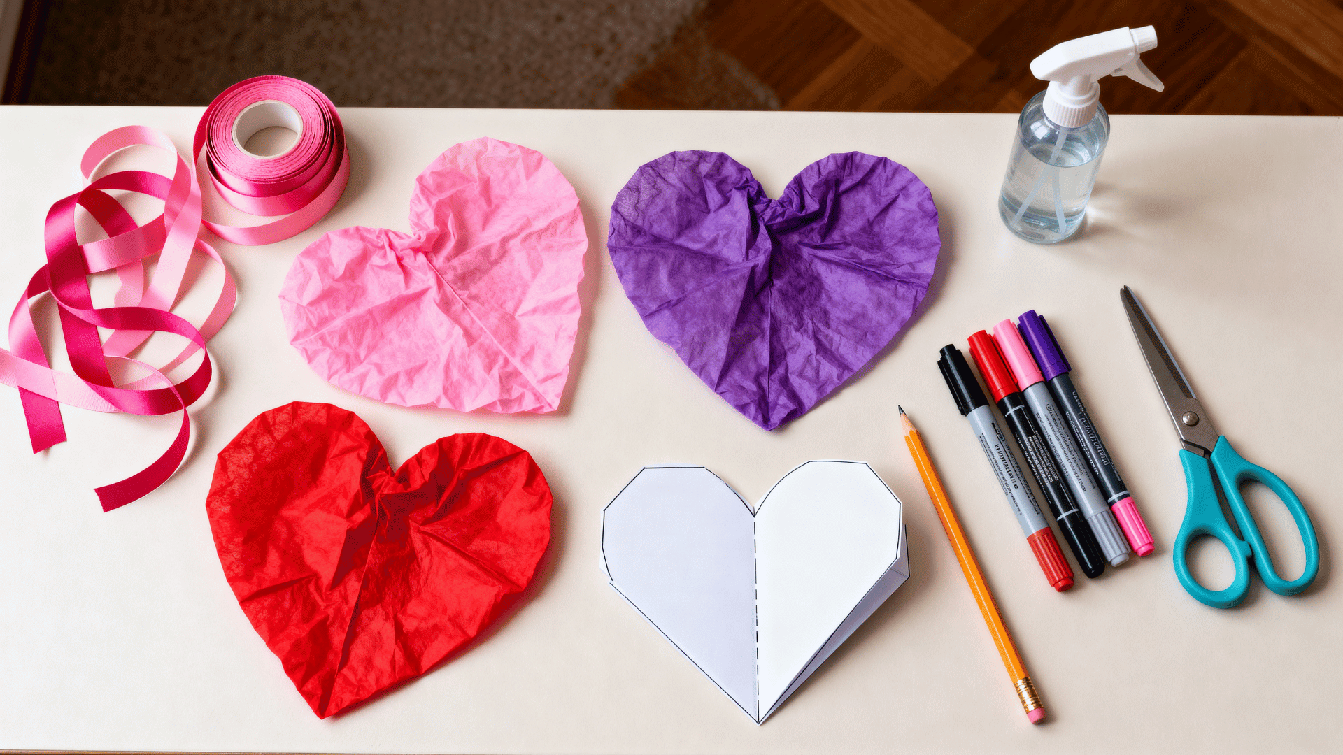 pink and red coffee filter hearts on a craft table with ribbon, scissors, markers, and a folded heart template