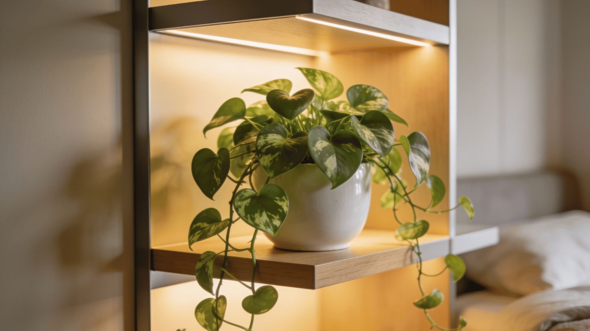 pothos plant in a white pot on a bedroom shelf with trailing vines and warm indoor lighting