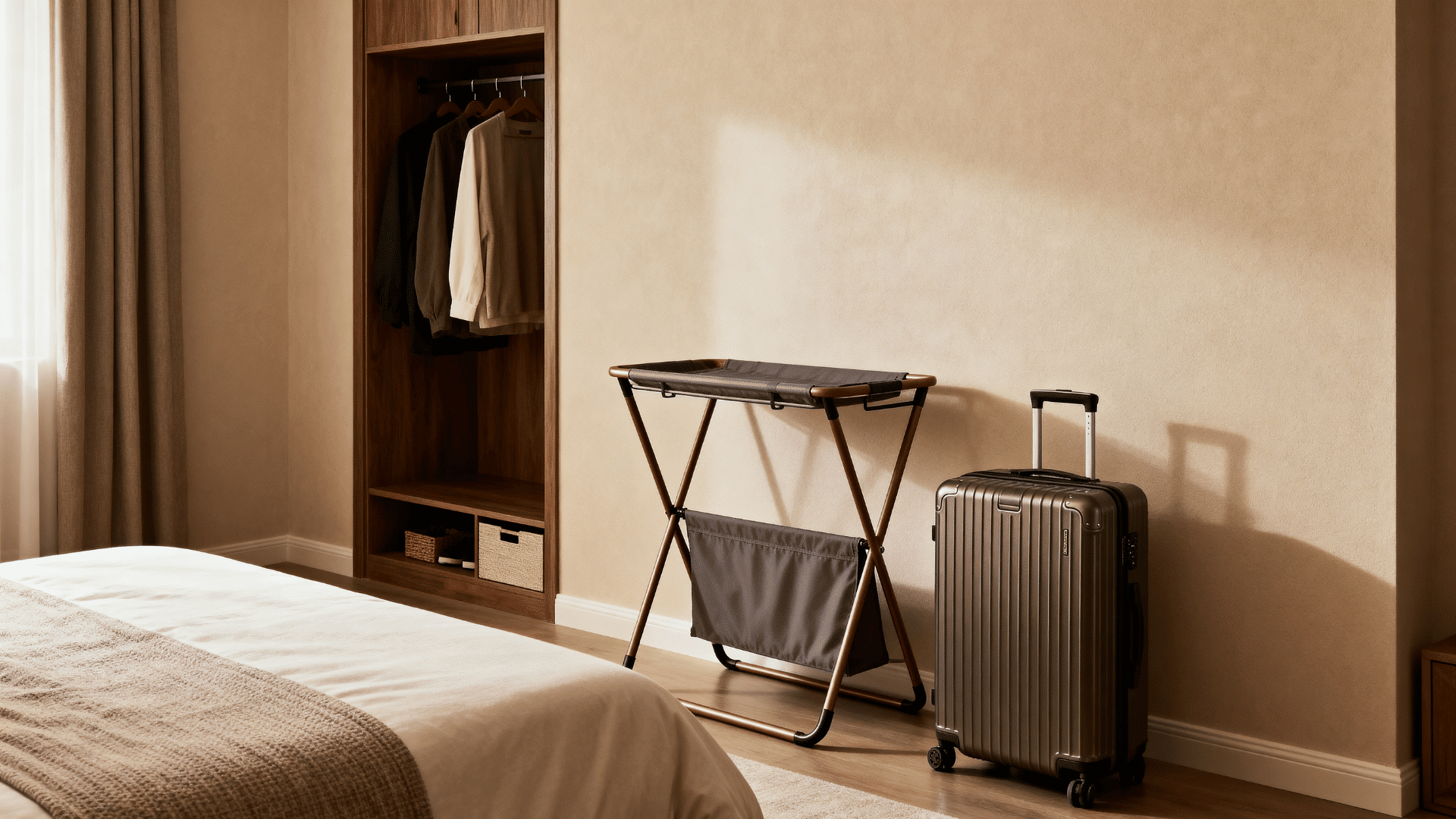 practical guest bedroom with folding luggage rack near closet sturdy suitcase stand and open drop zone below it