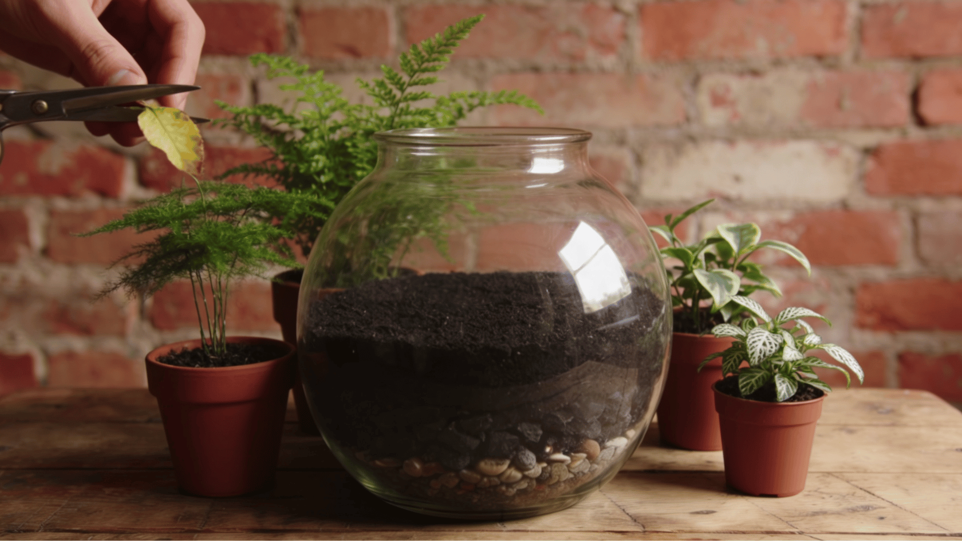 preparing terrarium plants by trimming leaves and arranging greenery before planting