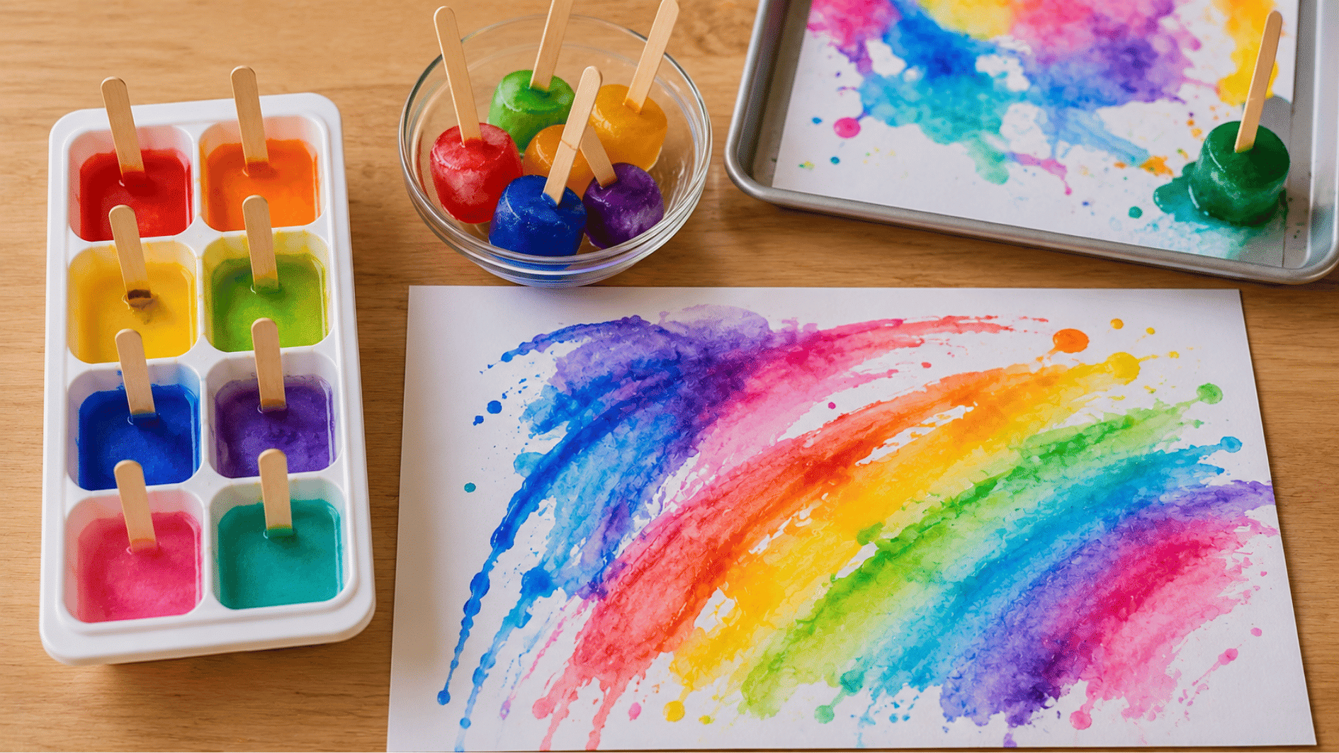 rainbow ice painting on white paper beside colorful frozen paint cubes and an ice tray on wood table