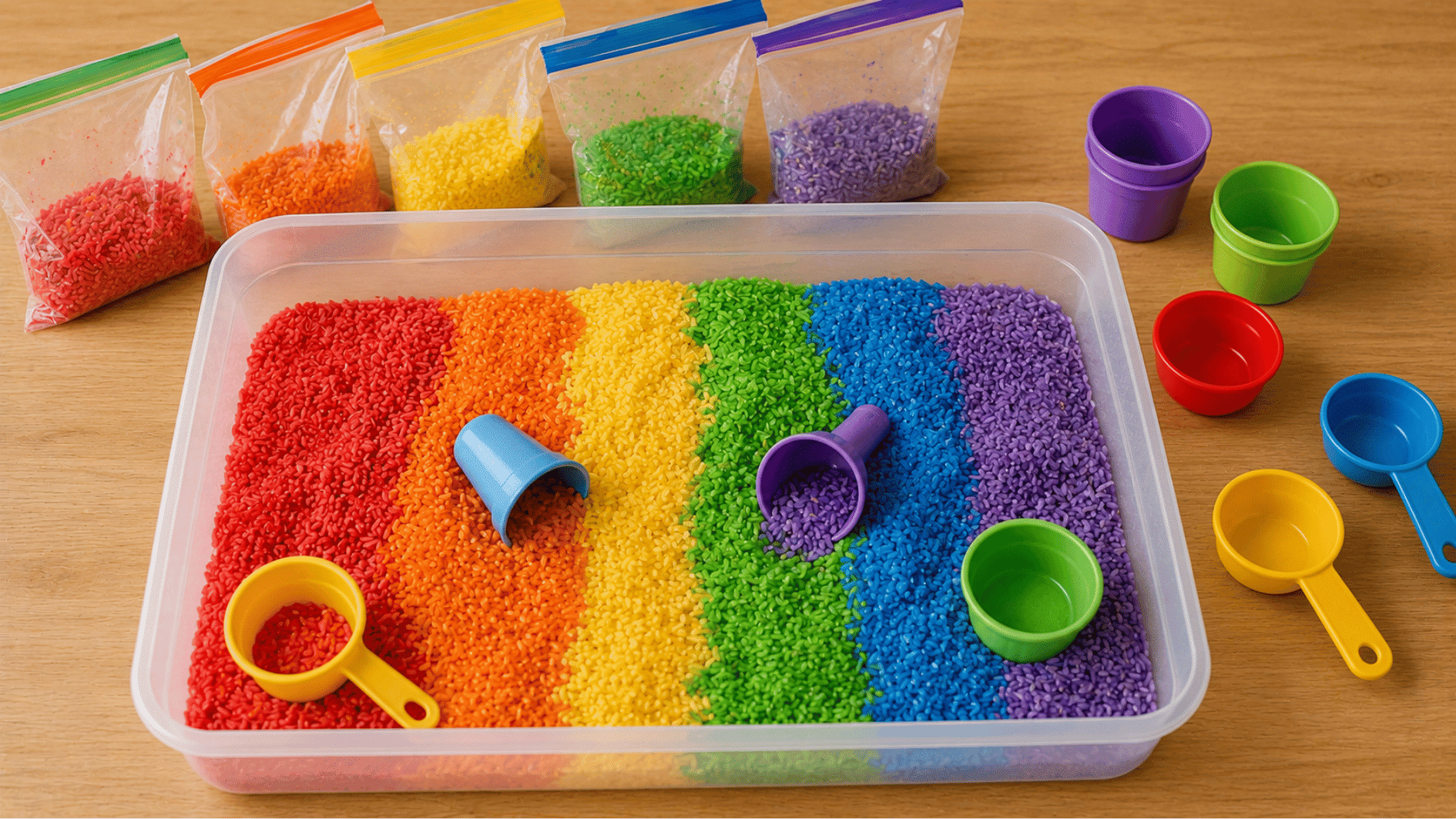 rainbow rice sensory bin with colorful scoops cups and storage bags arranged on a wooden table setup