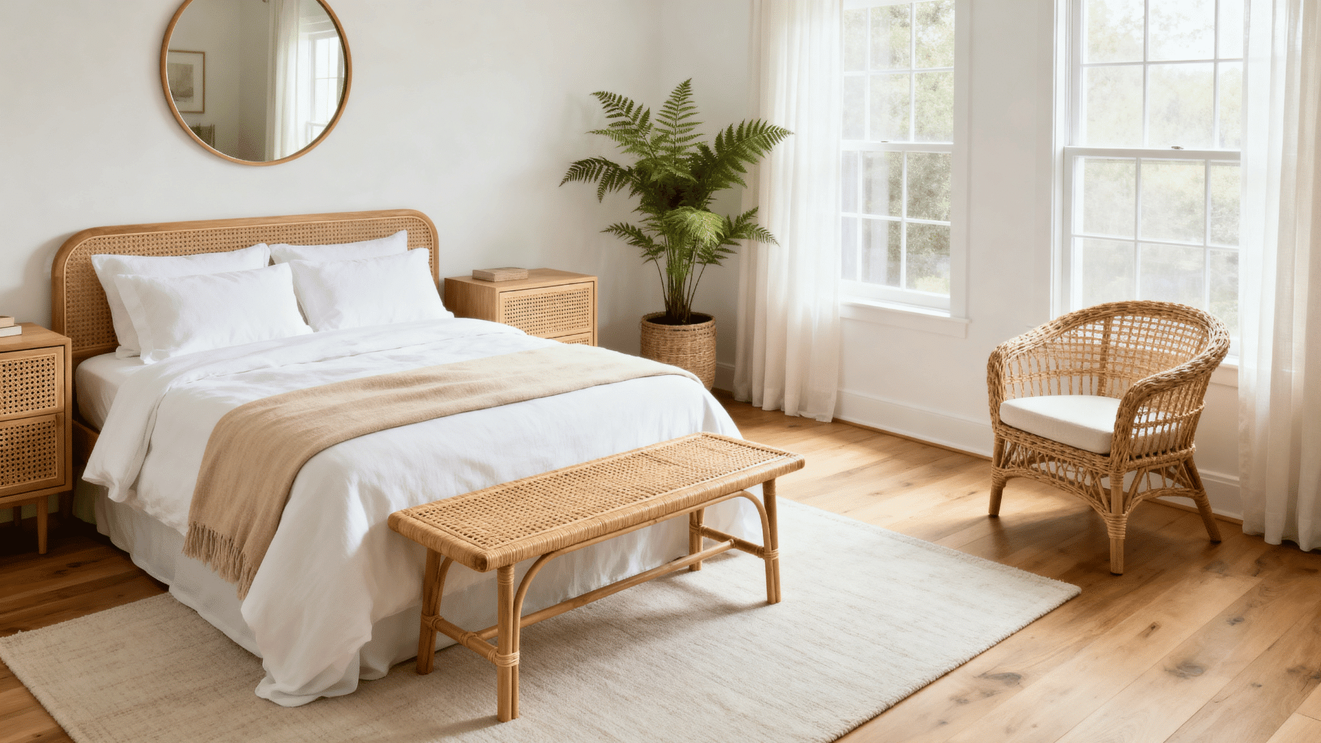 rattan chair and wicker nightstand bedroom with linen bedding warm lighting and neutral tones full room view