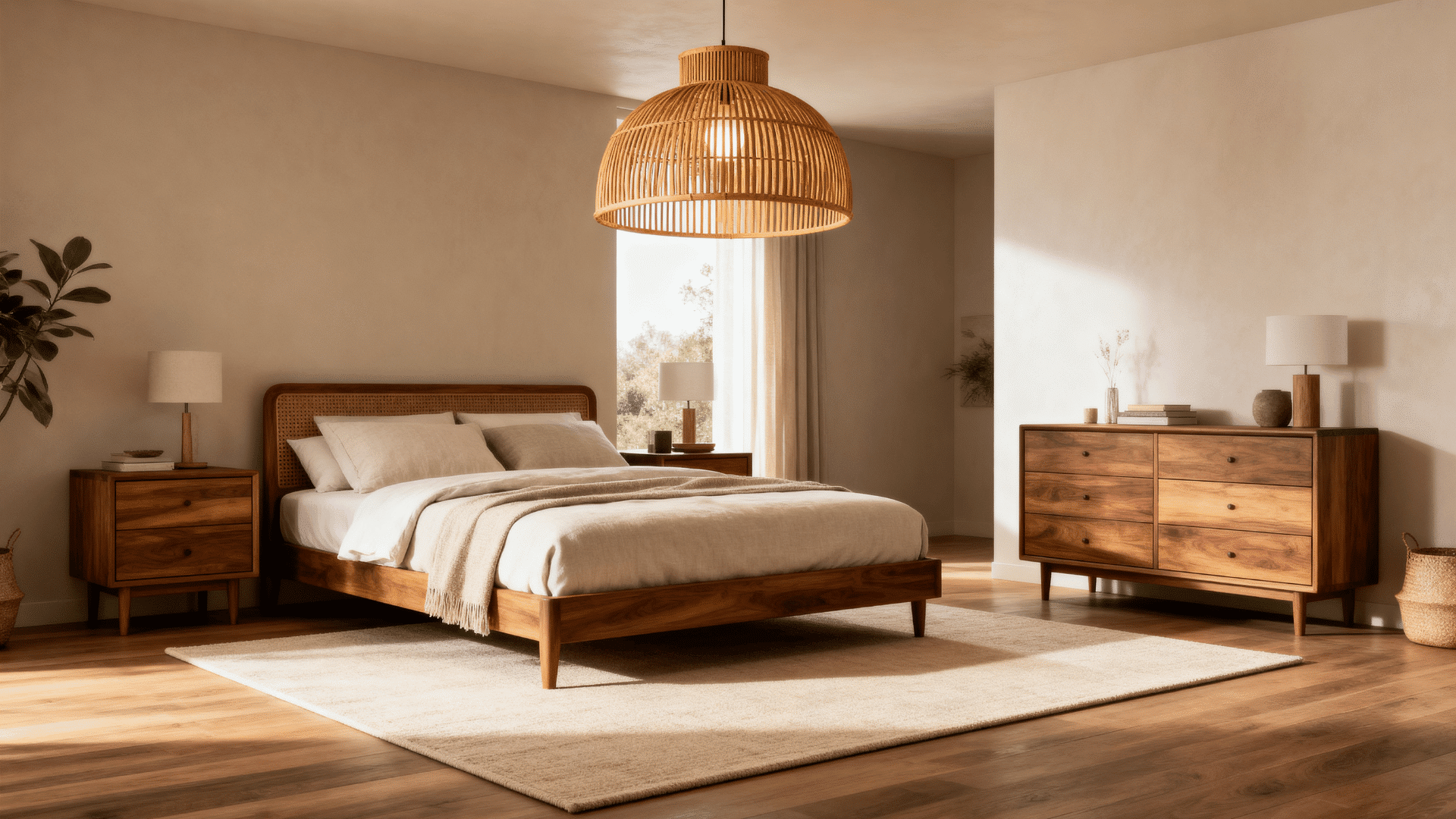 rattan pendant light bedroom wood furniture linen bedding warm glow lighting full room interior view
