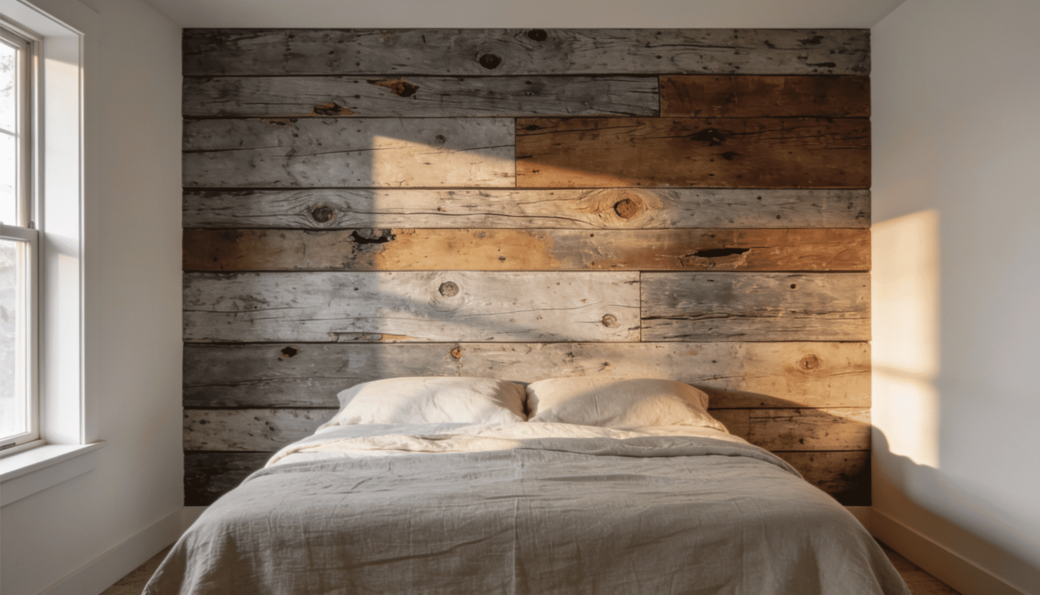 reclaimed wood accent wall behind a cozy bed with linen bedding, weathered planks catching soft sunlight.