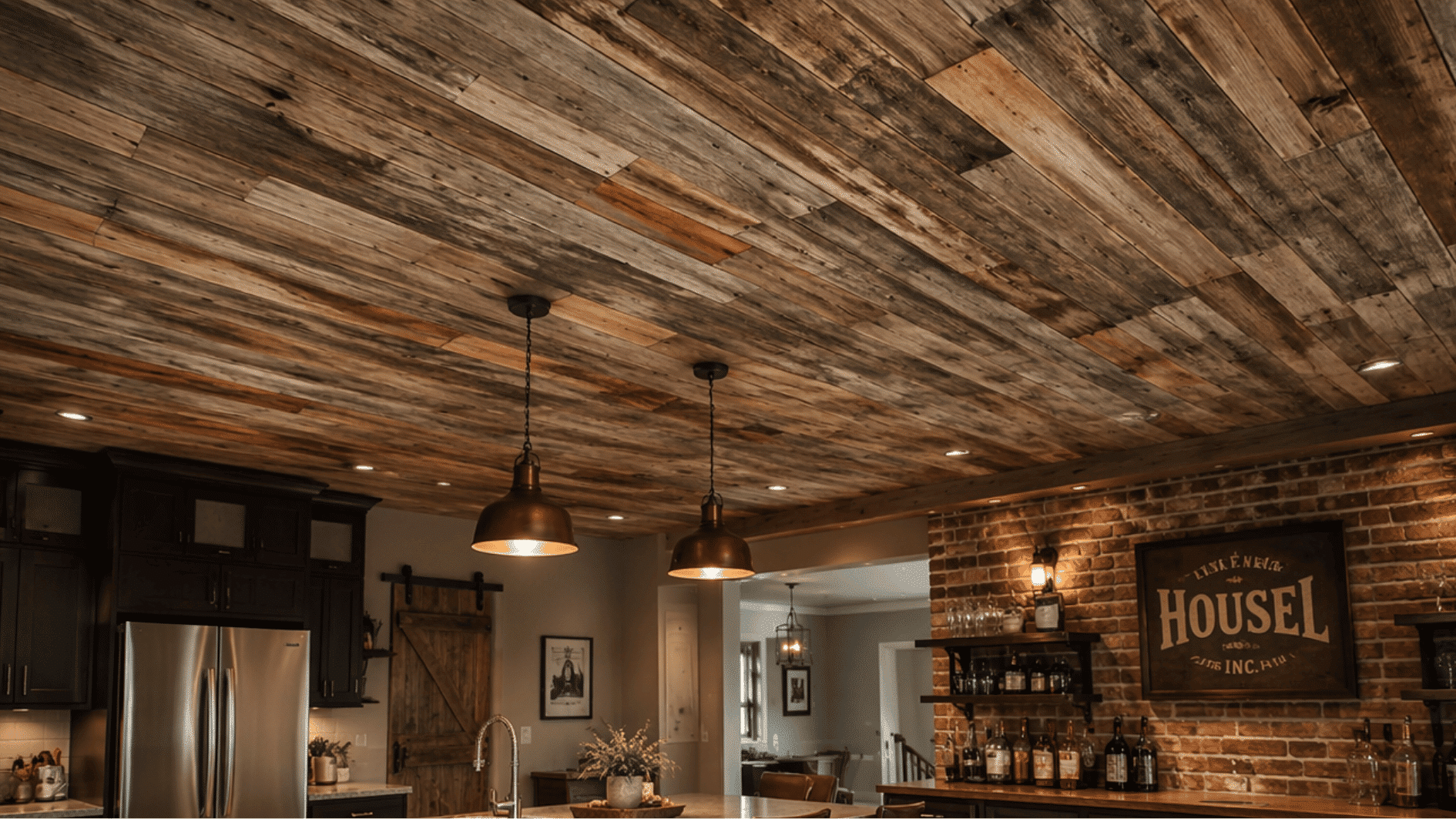 reclaimed wood ceiling with weathered planks in a rustic industrial kitchen with warm natural lighting