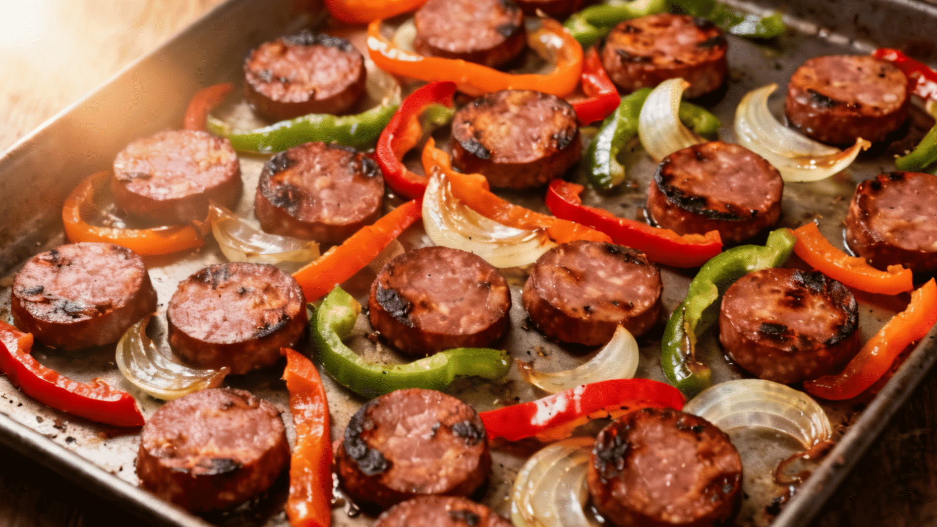 roasted sausage slices with red and green bell peppers and caramelized onion wedges on a sheet pan baking tray