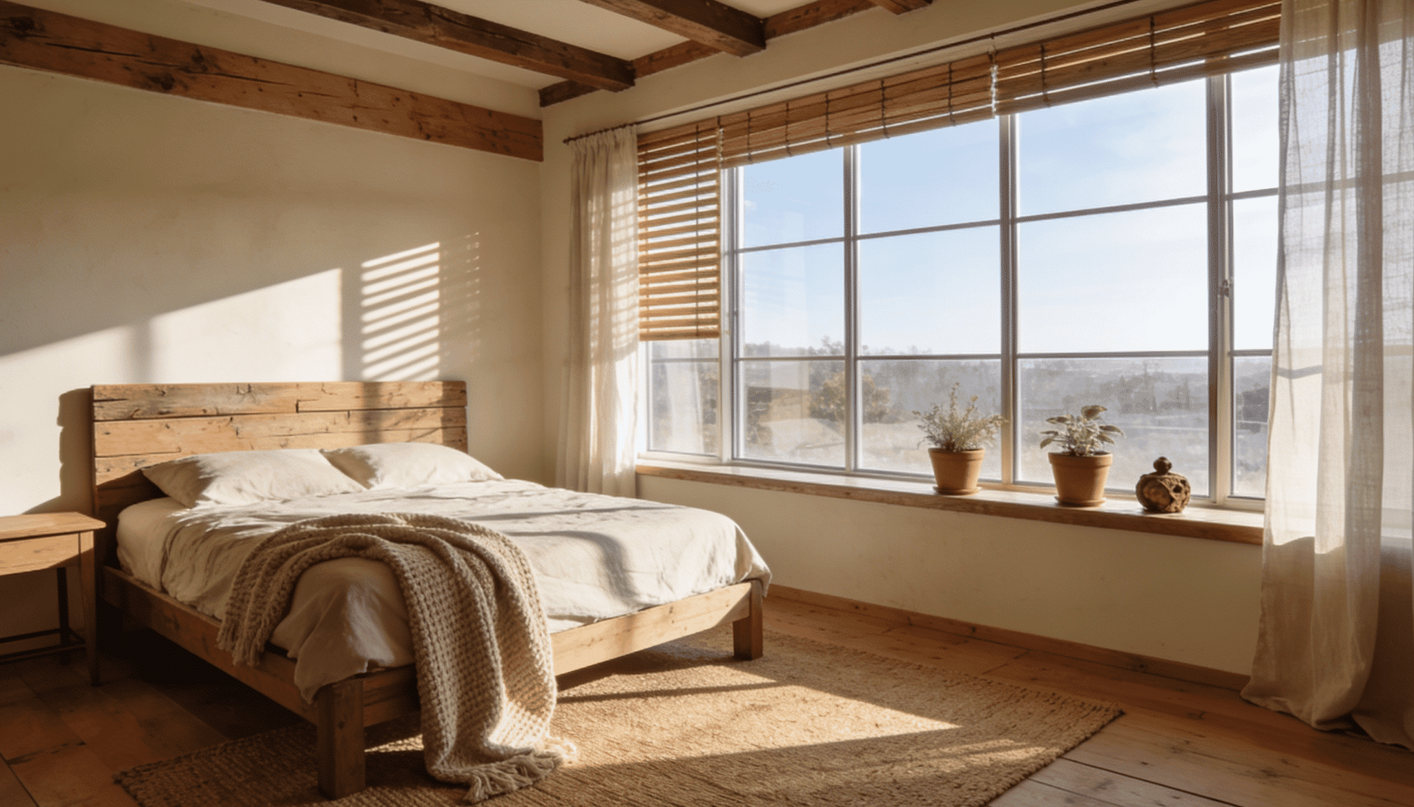 rustic bedroom with exposed wood beams, reclaimed wood bed frame, jute rug, and large window with desert view