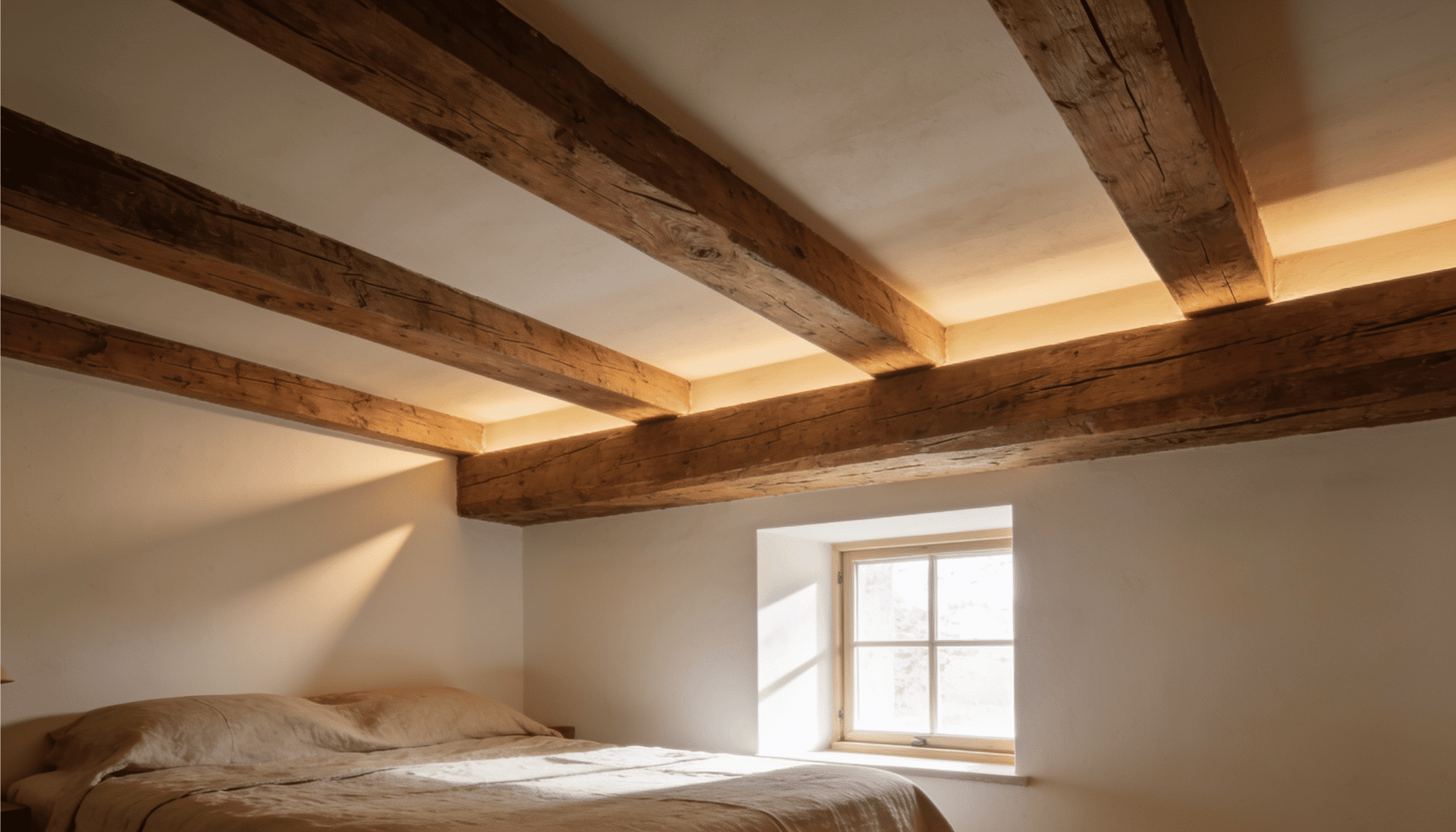 rustic bedroom with exposed wooden ceiling beams, white plaster walls, linen bedding, and sunlit window
