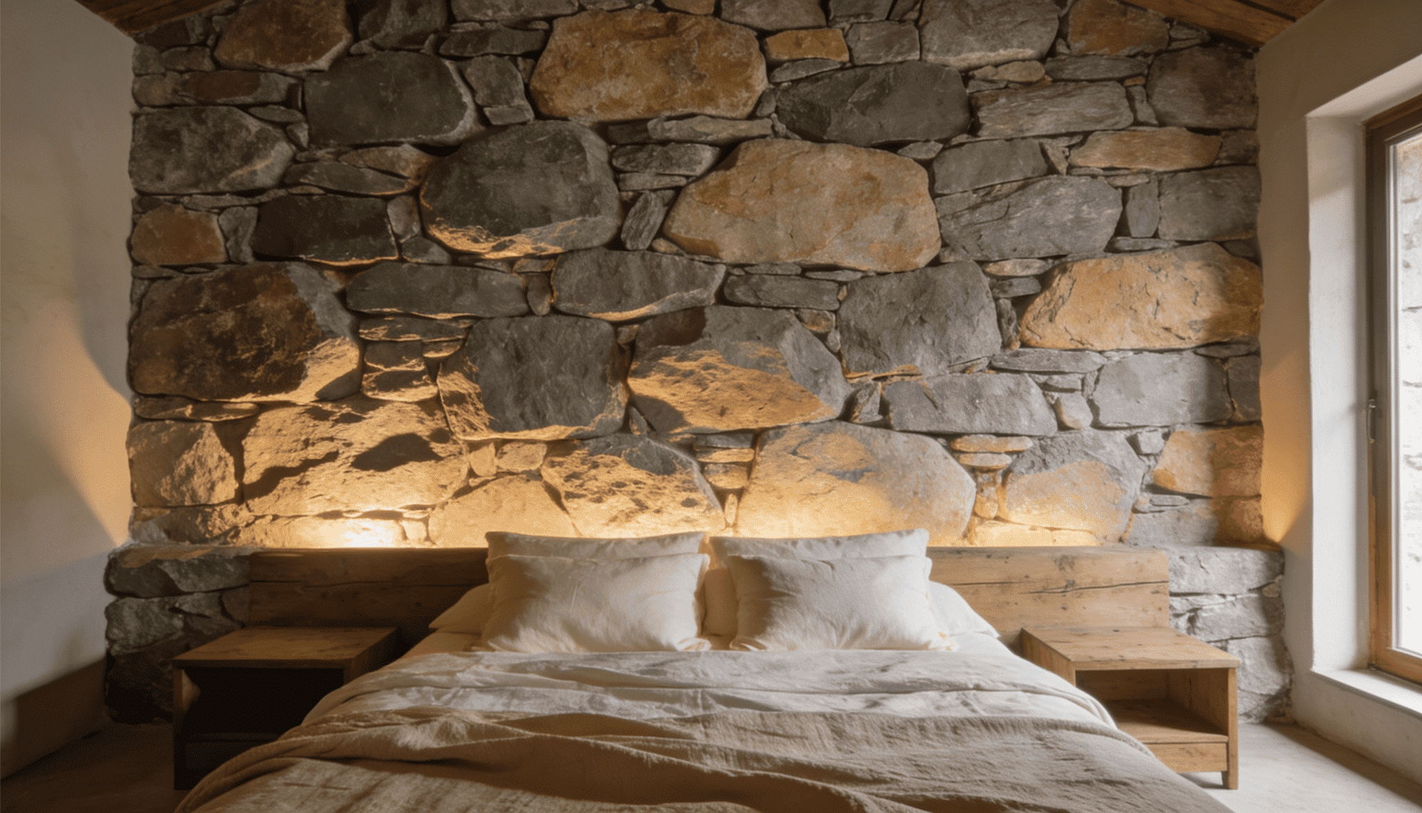 rustic bedroom with warm-lit stone accent wall, wooden nightstands, and a bed with soft linen bedding and pillows