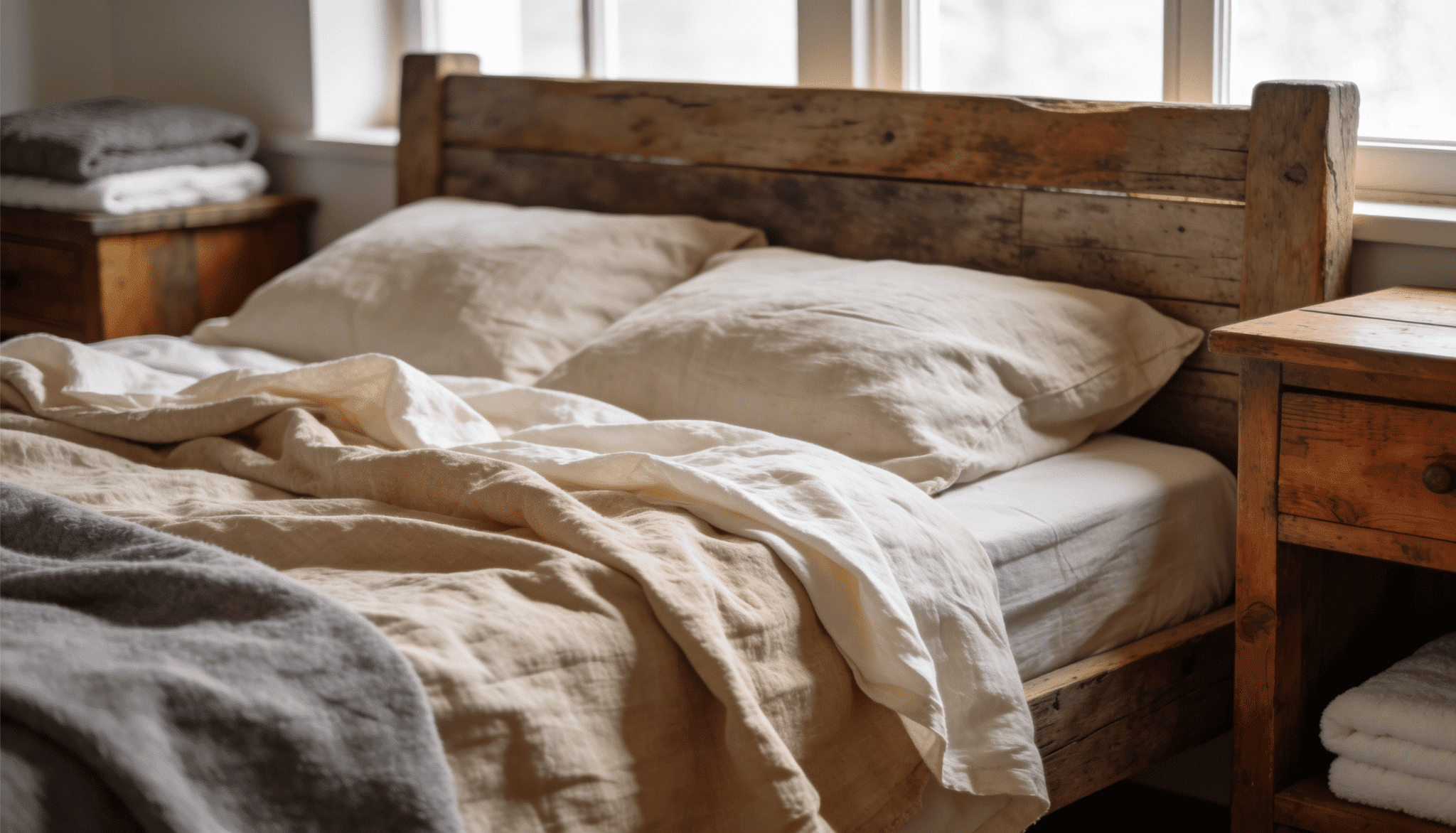 rustic bedroom with wooden headboard, rumpled cream linen bedding, grey throw, and soft natural light from window