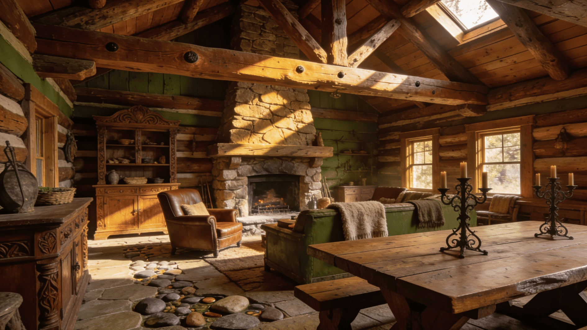 rustic cabin interior with exposed wood stone textures earthy tones and rugged natural design style