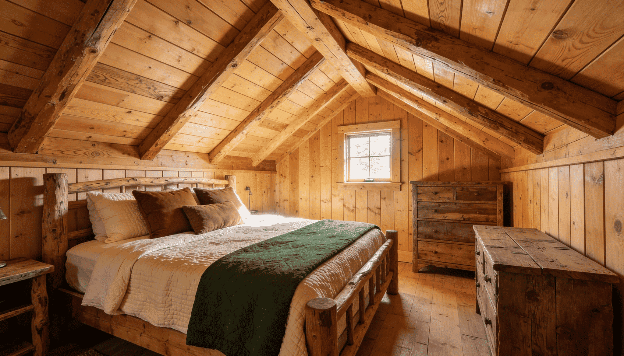 rustic cabin loft bedroom with log bed frame, exposed wood beams, and vaulted plank ceiling (2)