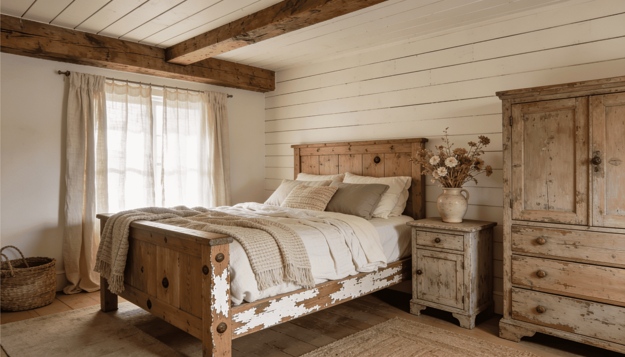 rustic farmhouse bedroom with distressed wood bed frame, weathered nightstand and dresser, shiplap walls, exposed beams