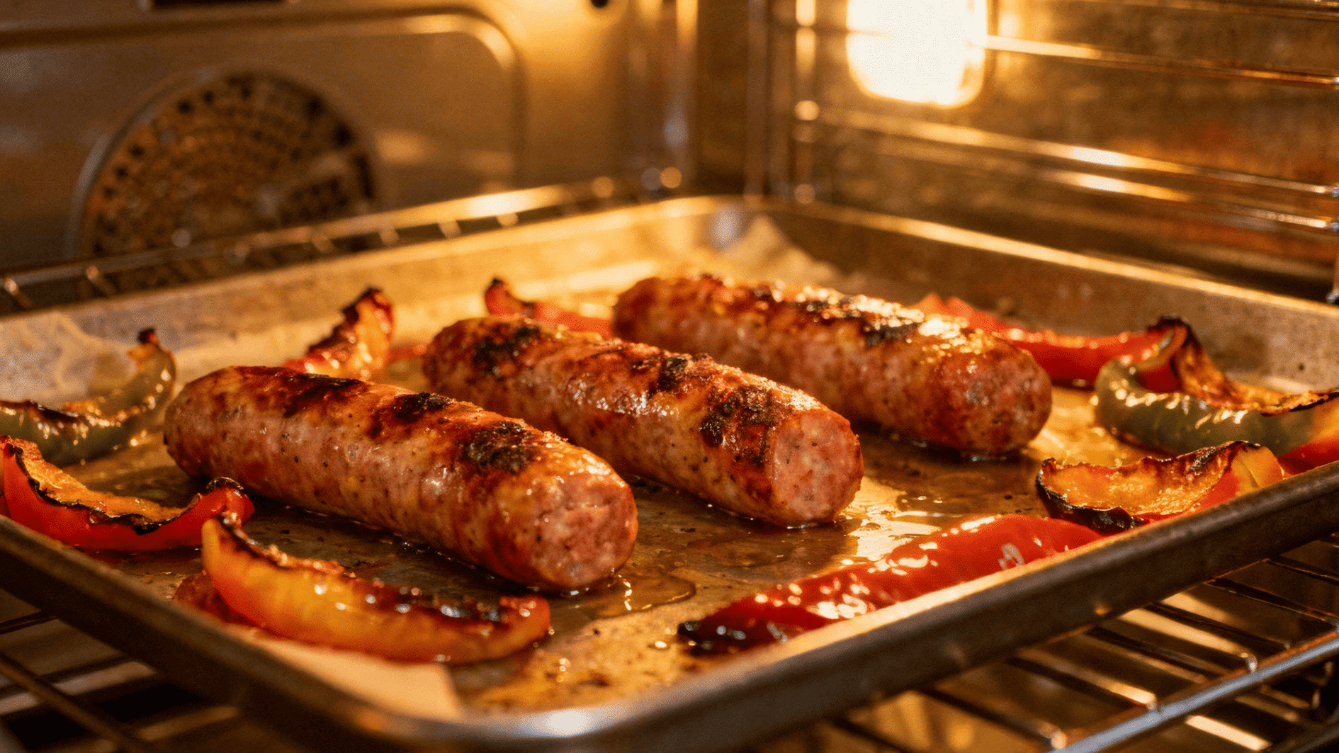 sausages roasting on a baking tray in the oven with charred bell peppers and golden cooking juices