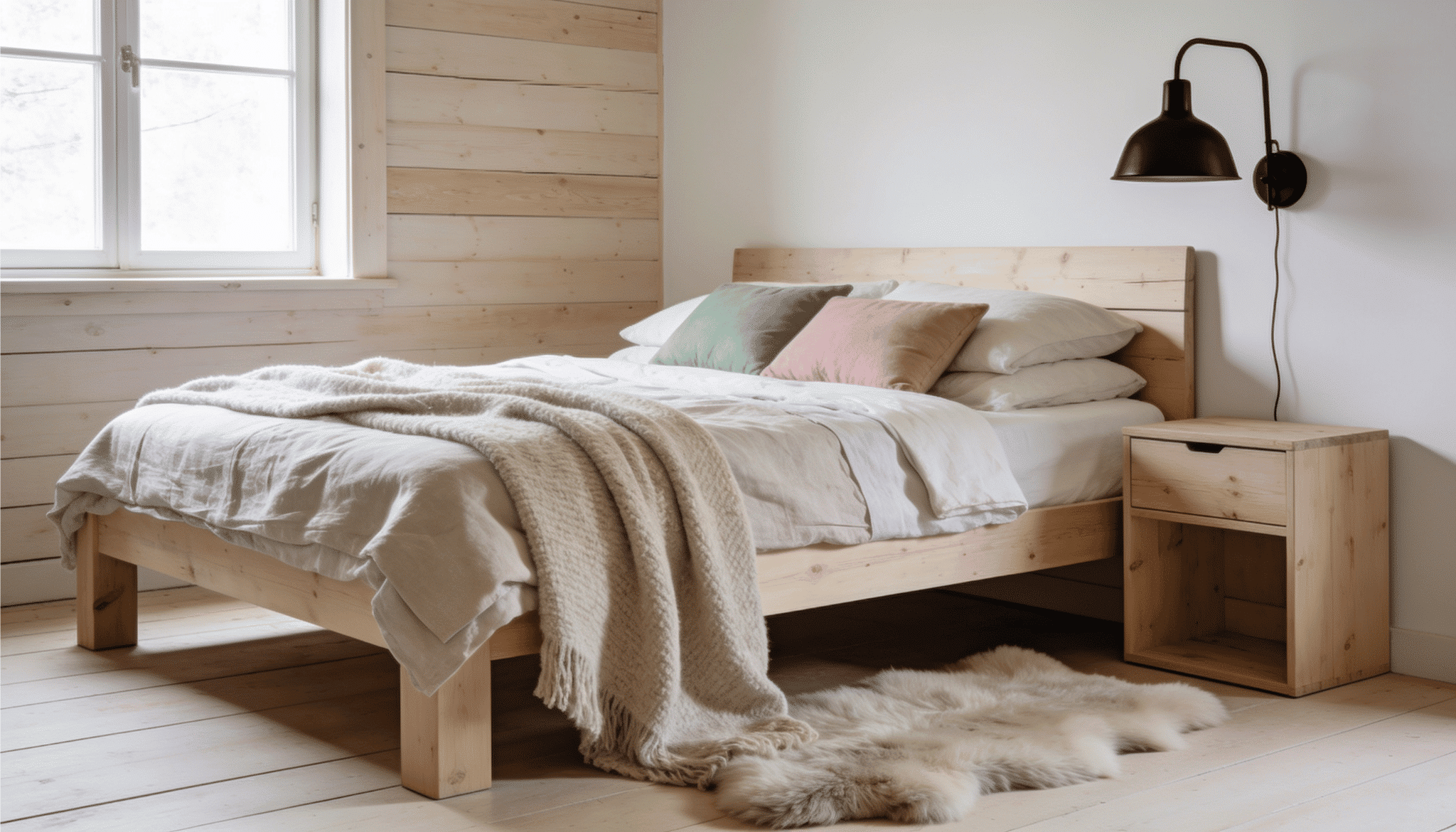 scandi-rustic bedroom with light wood bed frame, linen bedding, sheepskin rug, black wall lamp, and soft pastel pillows
